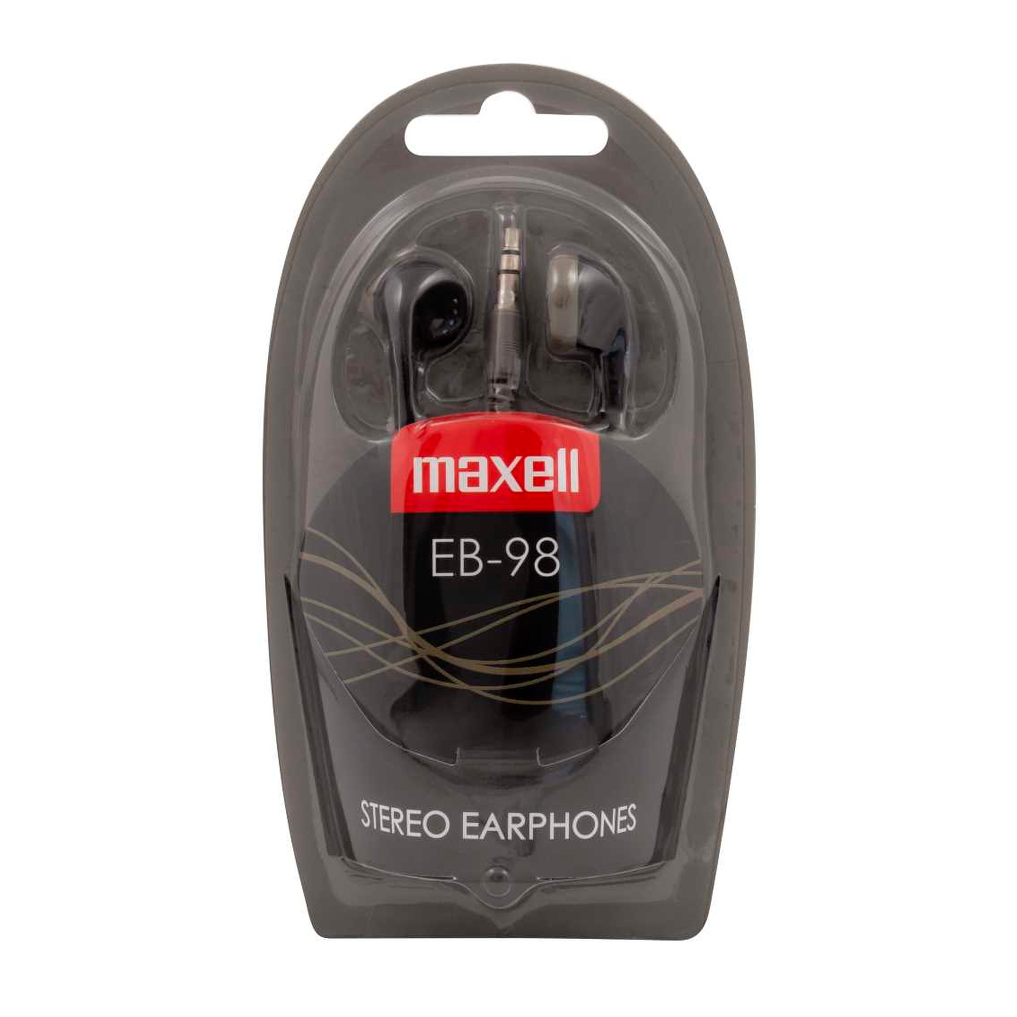 Un par empaquetado de auriculares estéreo Maxell negros con un enchufe plateado.