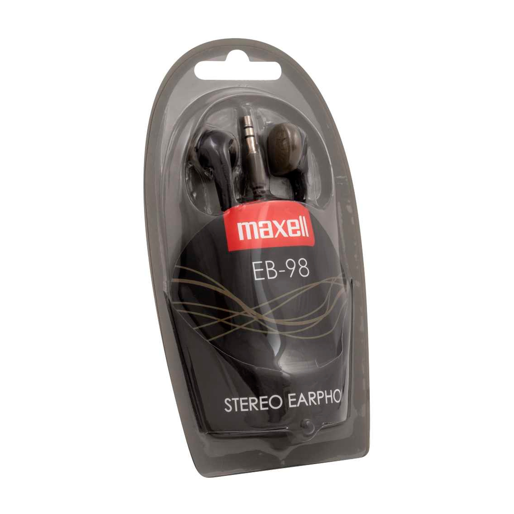 Auriculares en un paquete de plástico, marca Maxell. El texto es 'auriculares estéreo'.