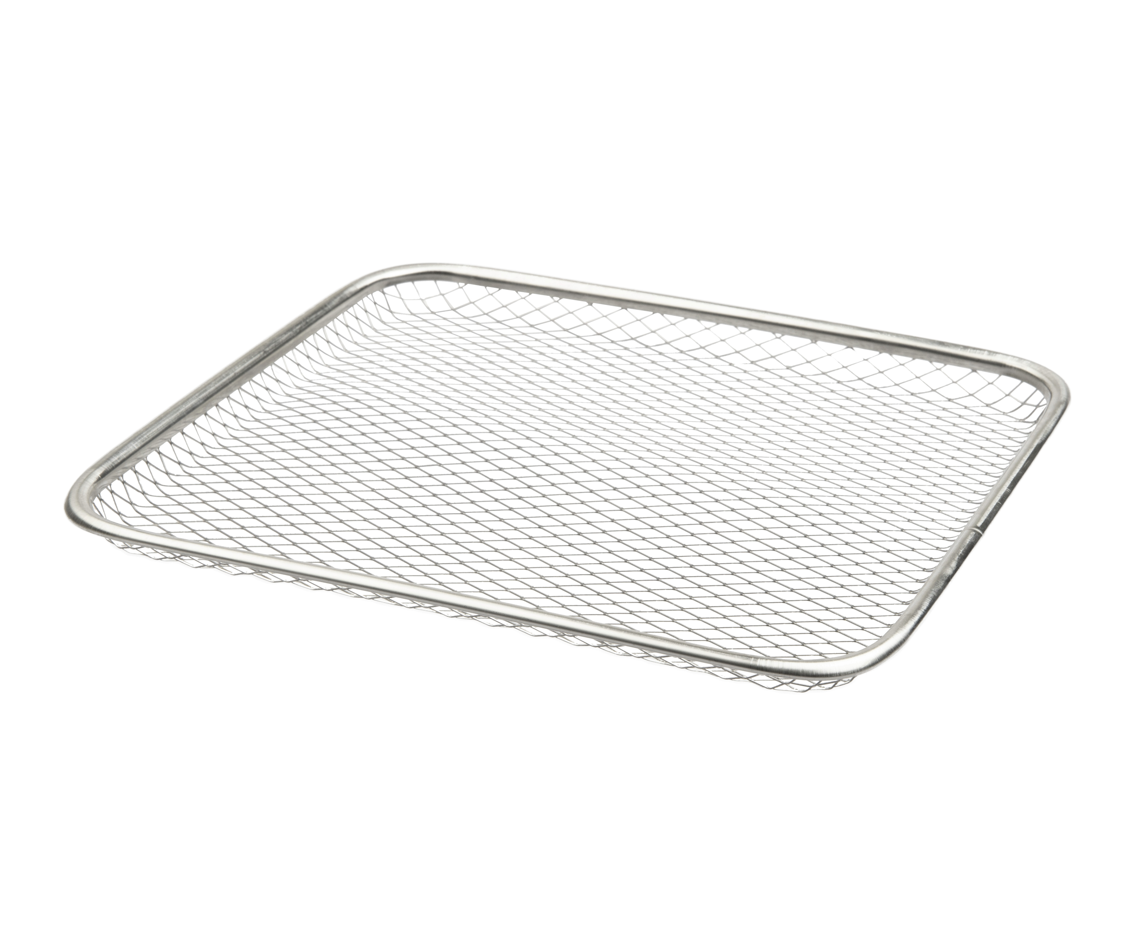 Stainless steel mesh tray. It has a square shape with a rounded edge. White background.