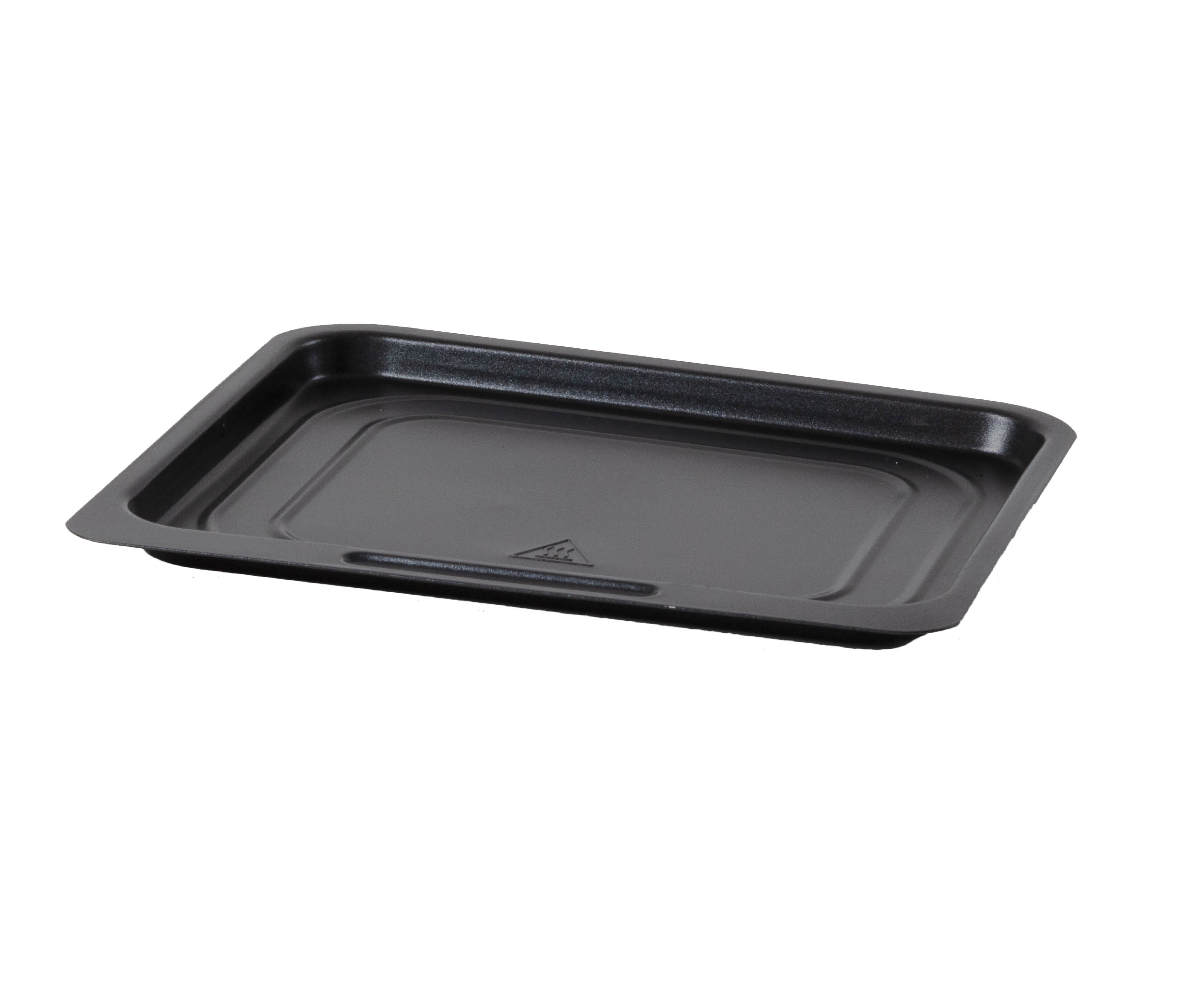 A black oven tray, with a textured surface, against a white background.