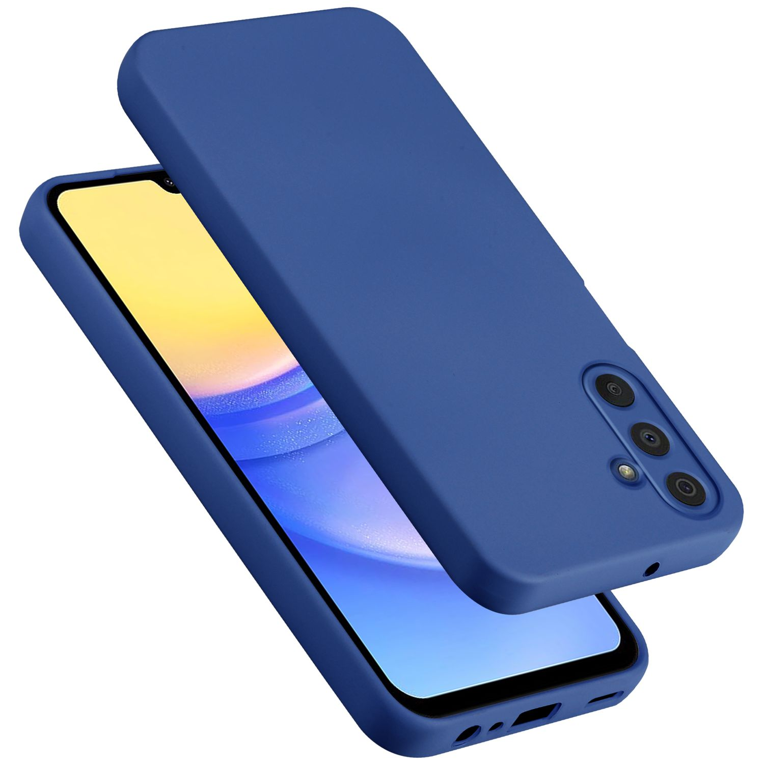 Una custodia blu per telefono con il telefono all'interno. Il telefono ha uno schermo e tre fotocamere.