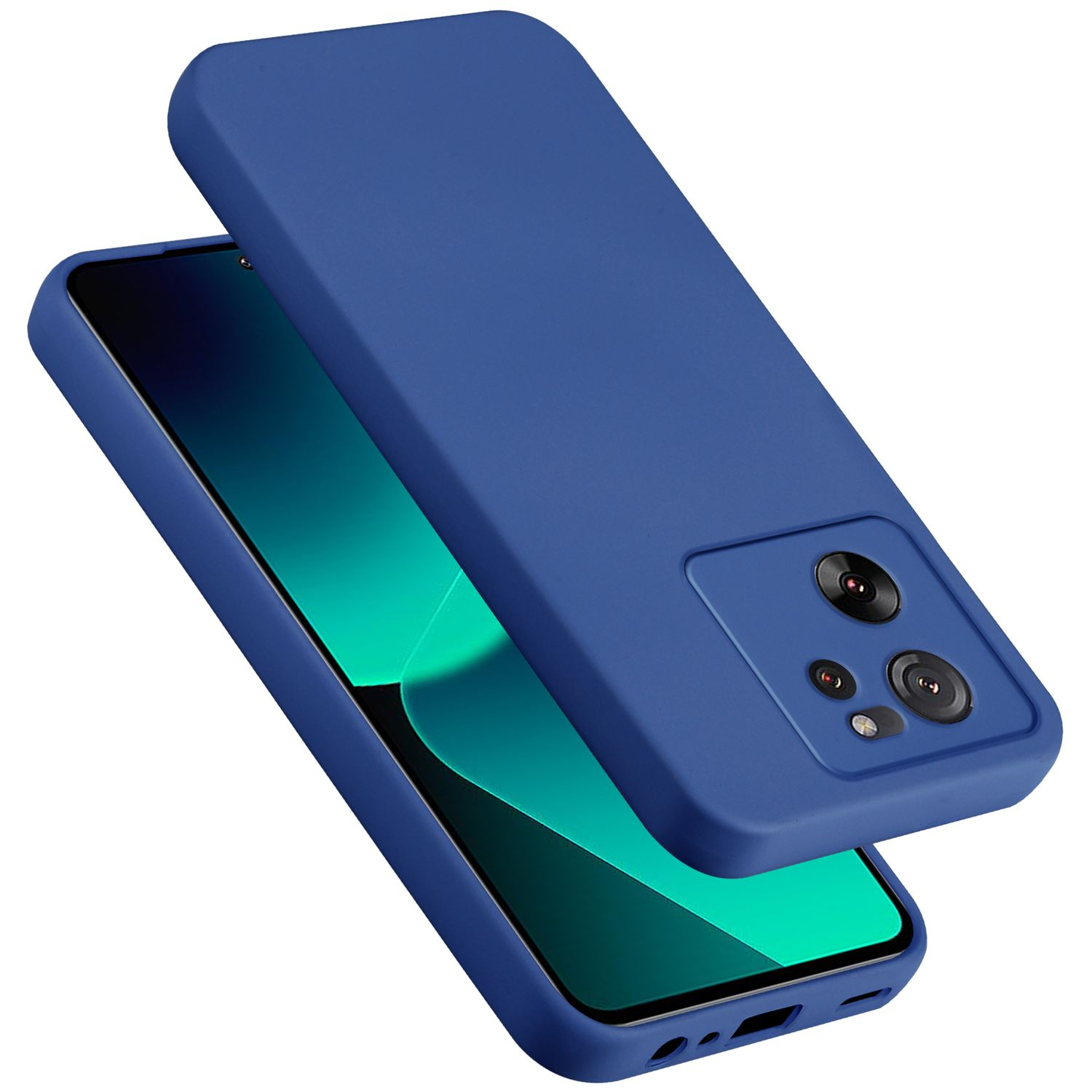 Blaue Handyhülle mit einem Telefon darin, abgewinkelt.