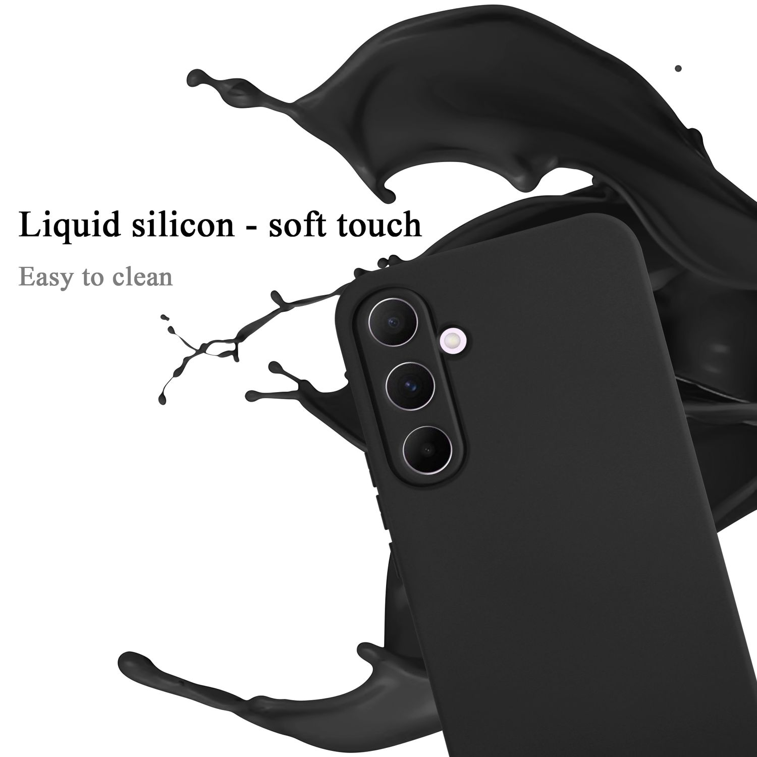 Eine schwarze Handyhülle mit Dreifachkamera vor schwarzem Flüssigkeitsspritzer-Hintergrund.