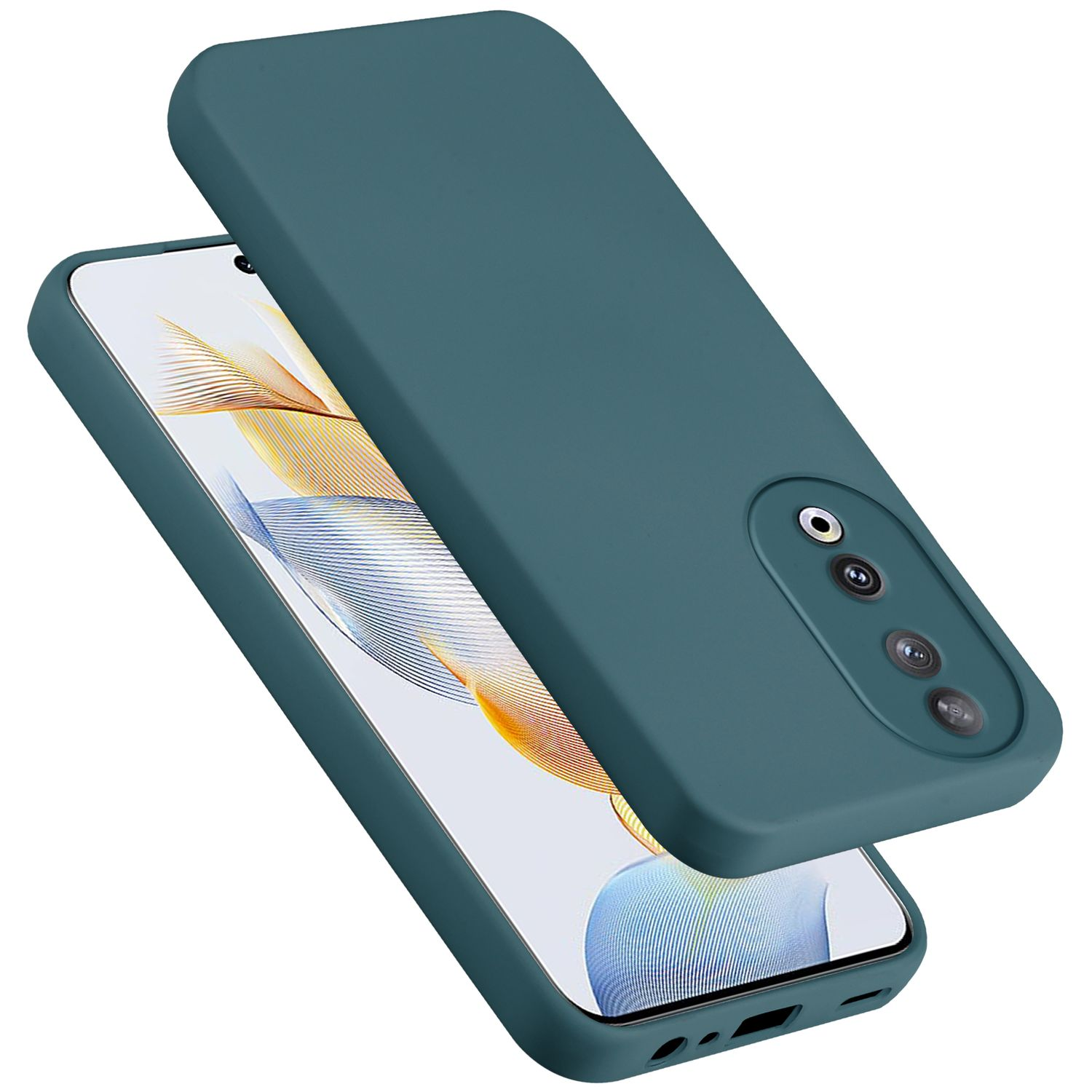 Custodia per telefono verde acqua con un telefono e una custodia in aria. Sfondo bianco.