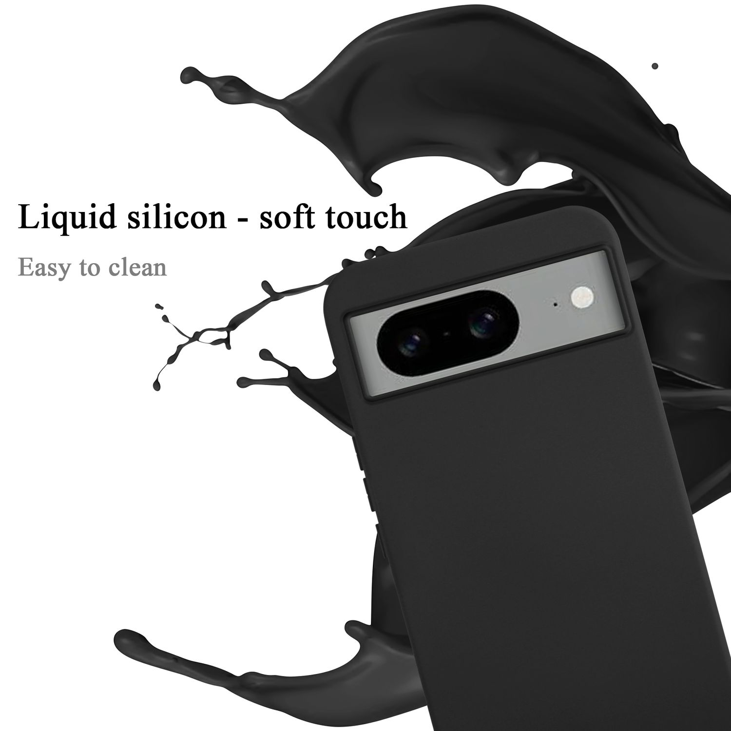 Custodia nera con schizzo di vernice nera, testo: Silicone liquido-tocco morbido, Facile da pulire.