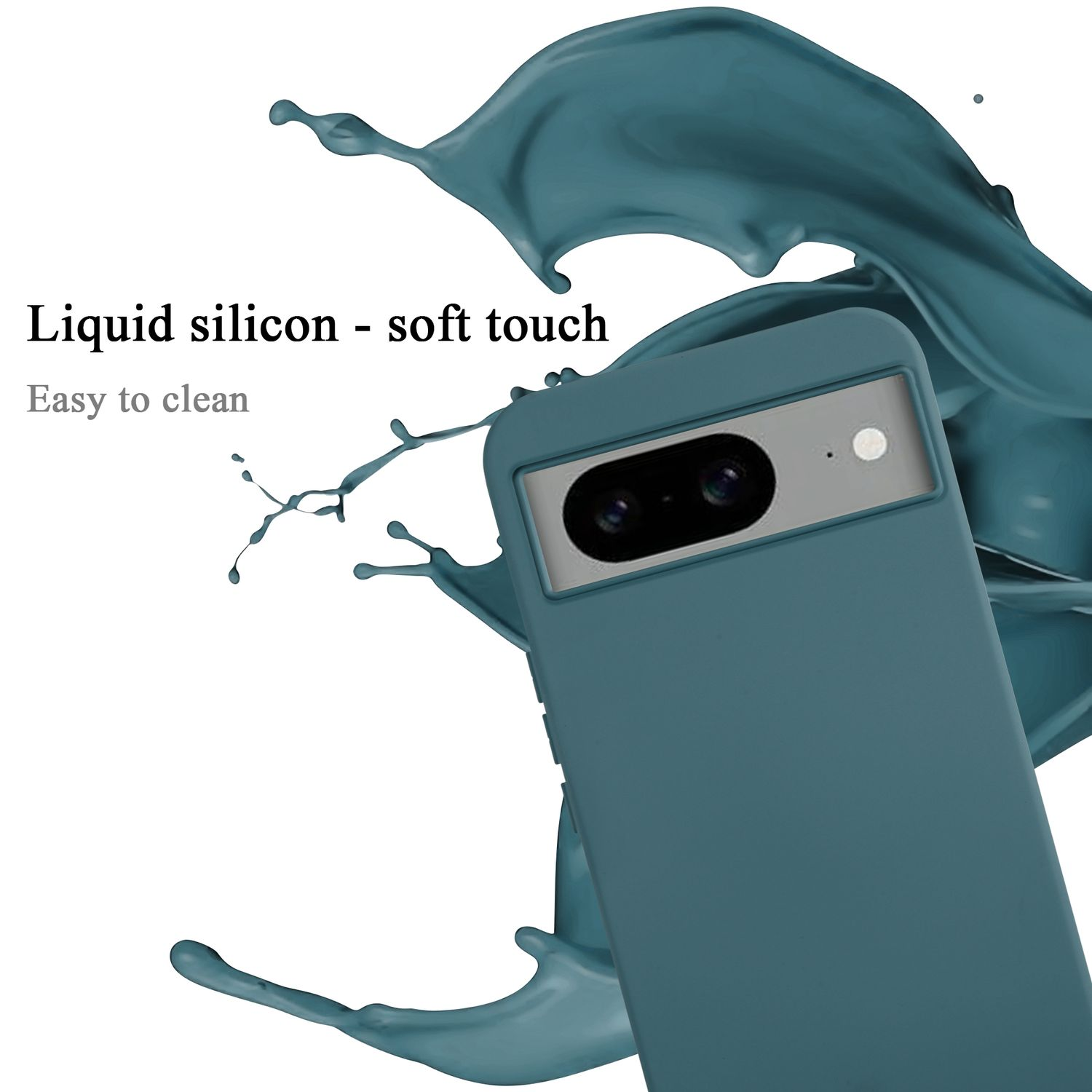Una custodia per telefono verde acqua con telefono, schizzo di liquido e testo 'Liquid silicon - soft touch'.
