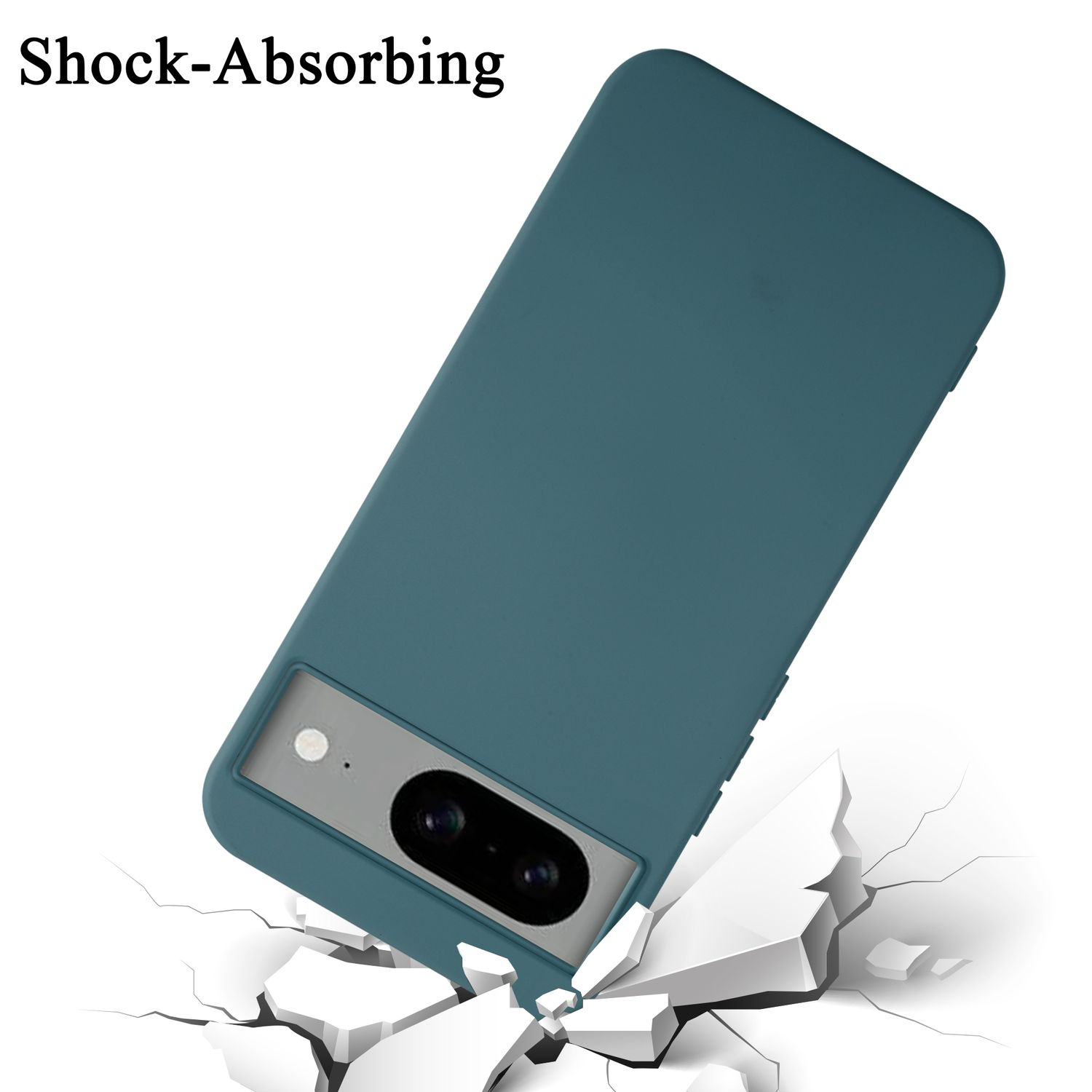 Un telefono in una custodia color teal viene mostrato mentre cade e colpisce il terreno, con il terreno che si incrina.