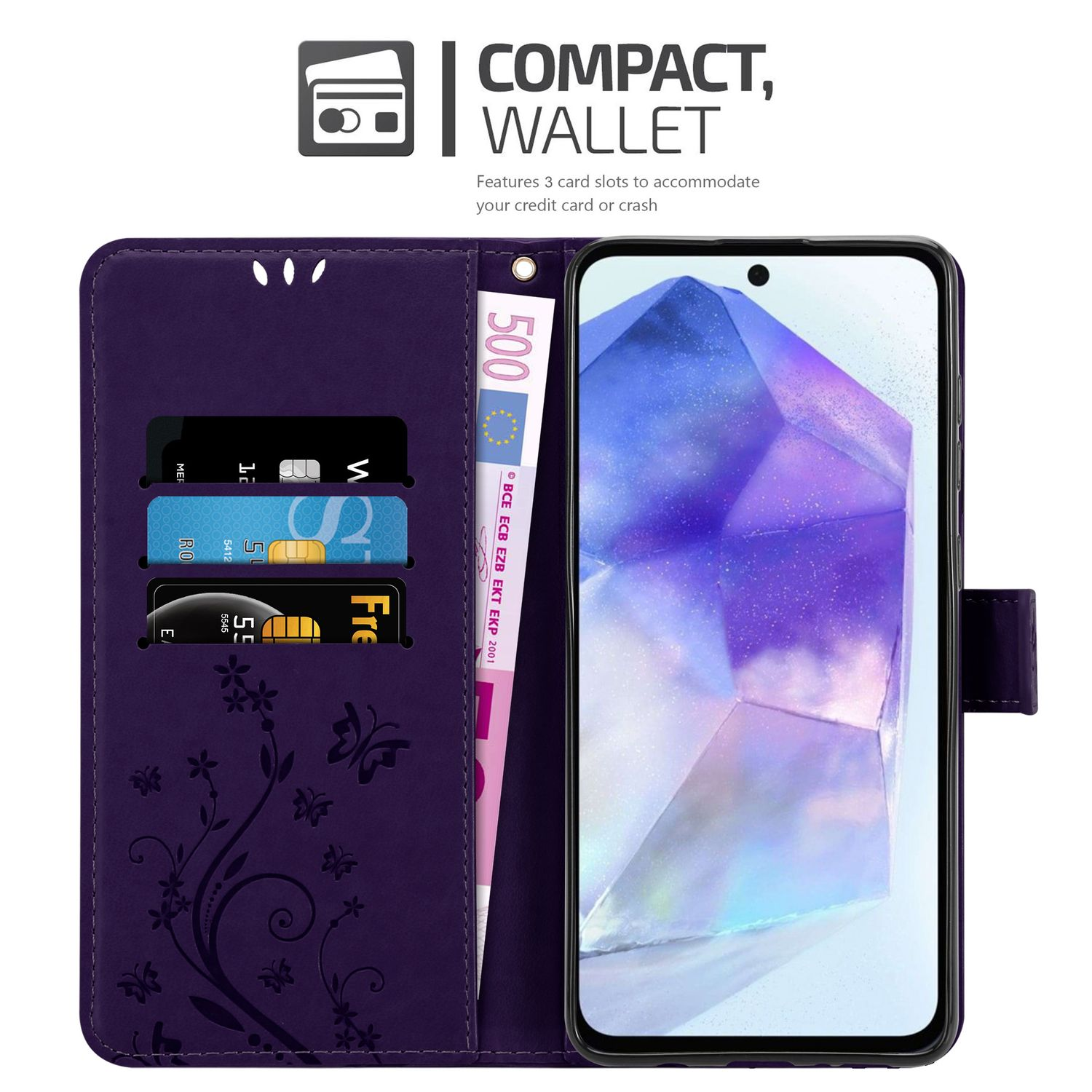 Una custodia a portafoglio viola con telefono, carte e contanti all'interno.