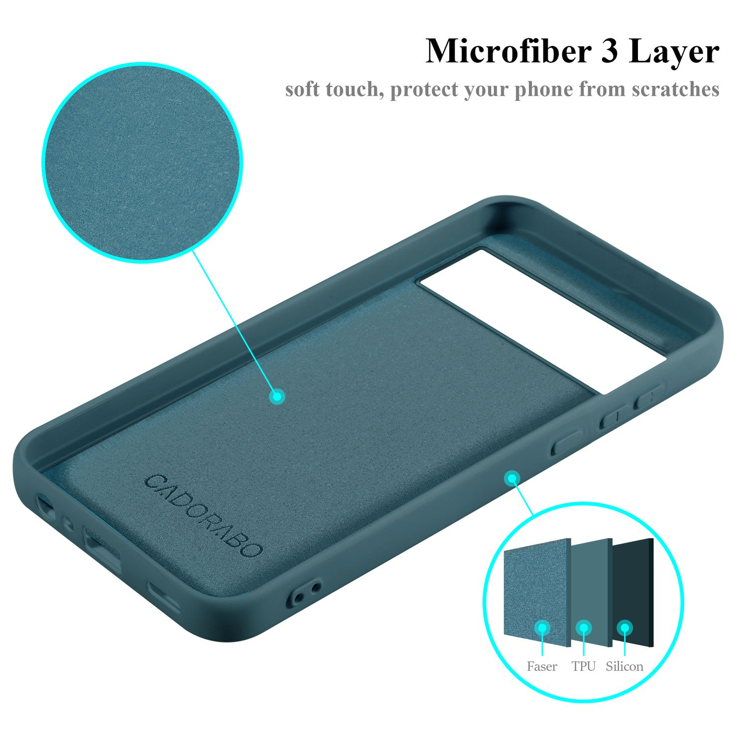 Interno di una custodia per telefono color verde acqua con testo e strati mostrati. Il testo recita 'Microfiber 3 Layer'.