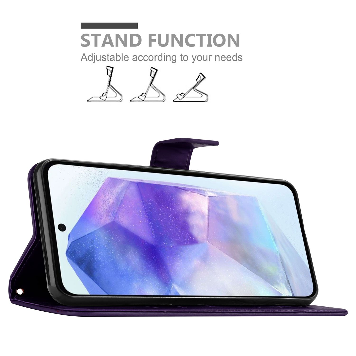 Custodia viola con funzione stand. Schermo del telefono in mostra. Custodia viola scuro con telefono nero.