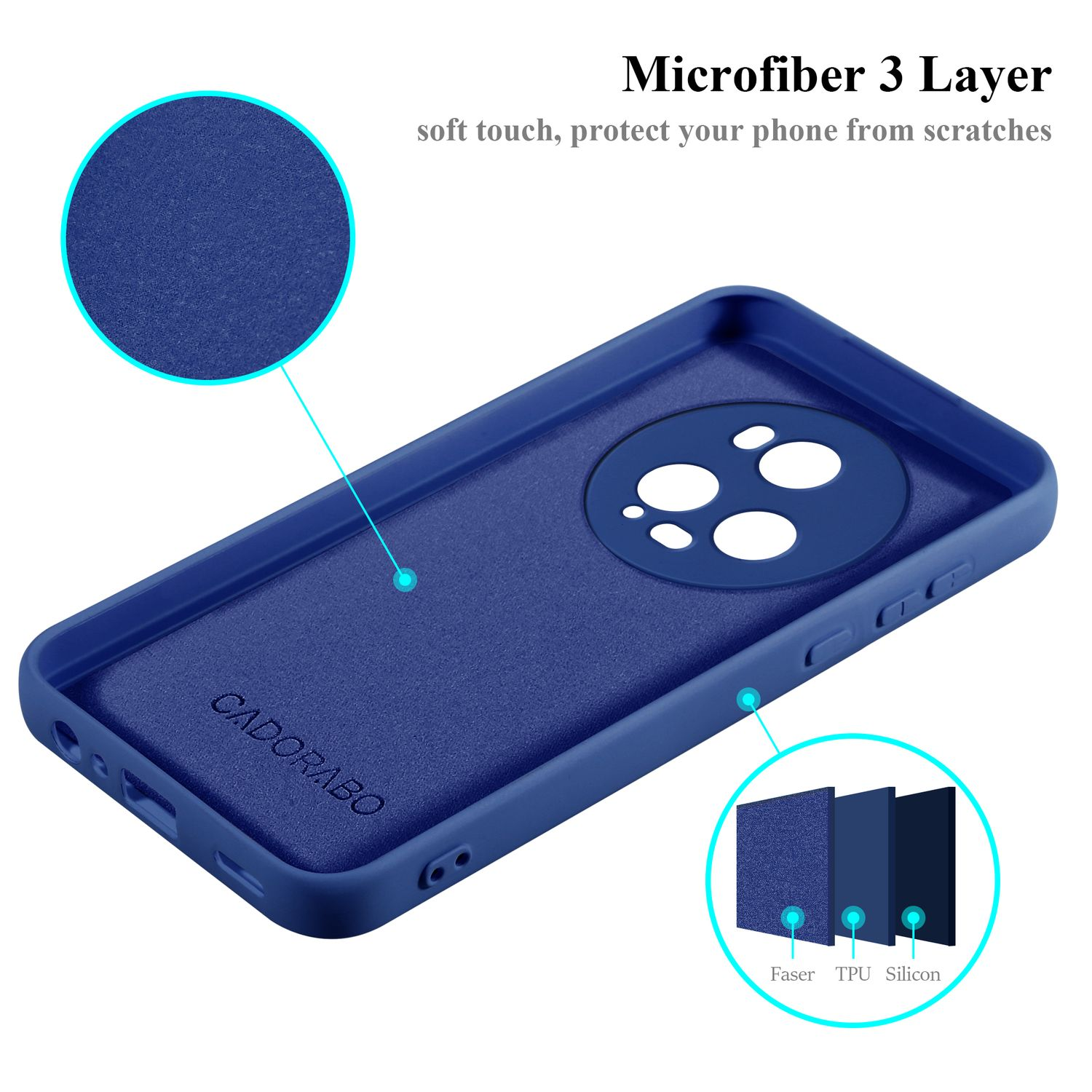 Una custodia per telefono blu con interno dettagliato e diagramma a strati.