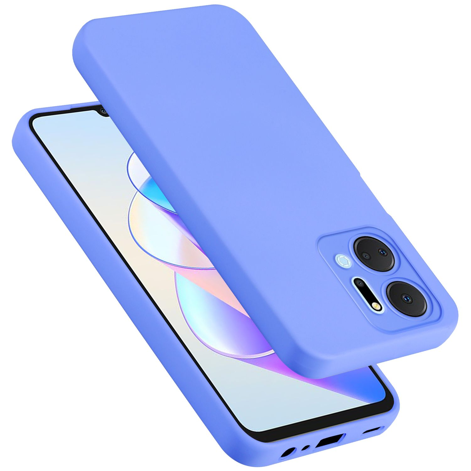 Due custodie per telefono azzurre. Una copre il telefono. Lo schermo è bianco e blu.