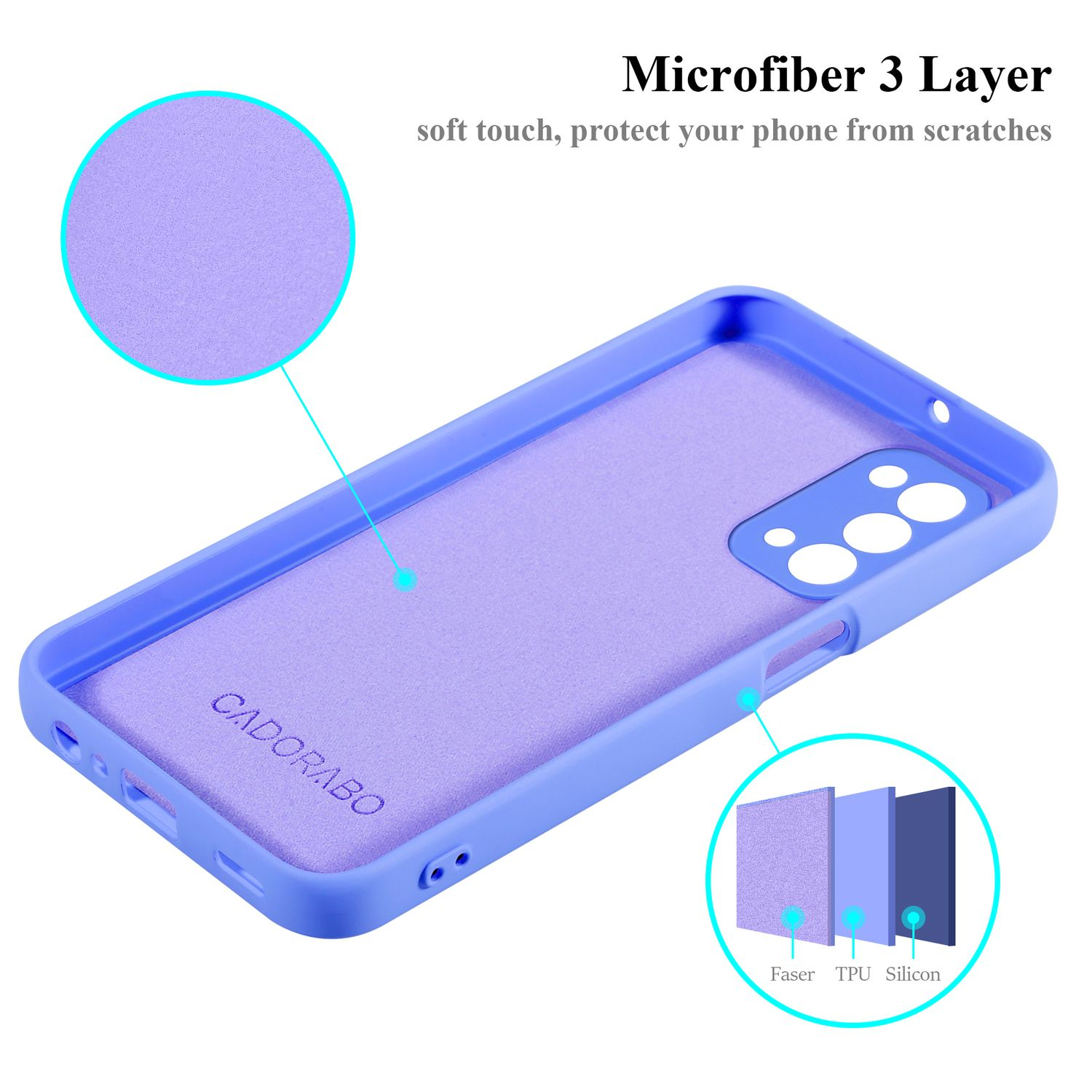 Interno della custodia del telefono blu con strato in microfibra viola e dettagli del prodotto. Sfondo bianco.