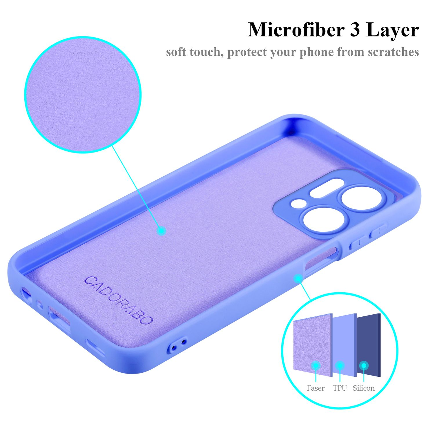 Una custodia per telefono con interno viola ed esterno blu. La custodia mostra strati di materiali.