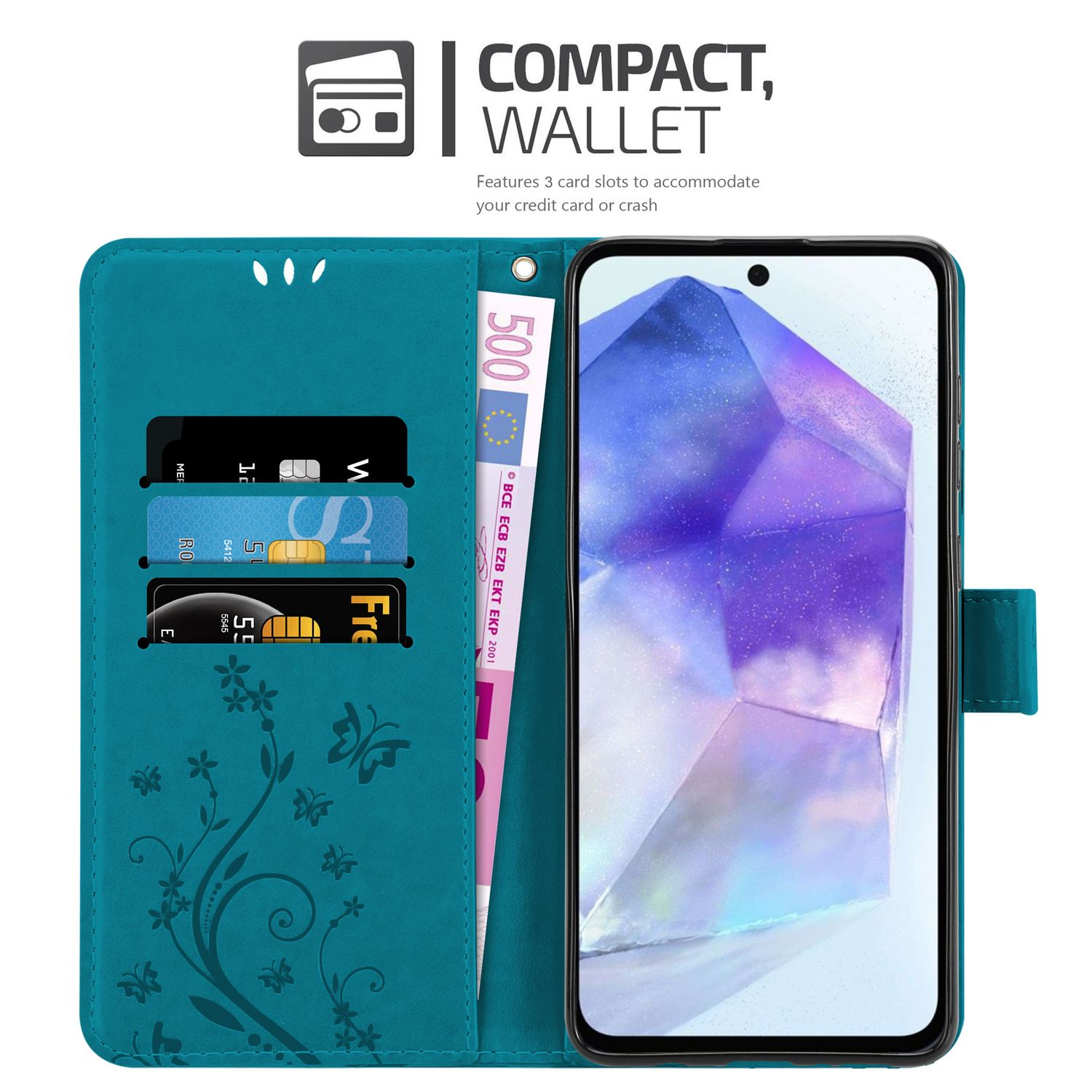 Un portafoglio per custodia del telefono verde acqua con telefono e carte. Il portafoglio presenta un design floreale e una banconota da 500 euro.