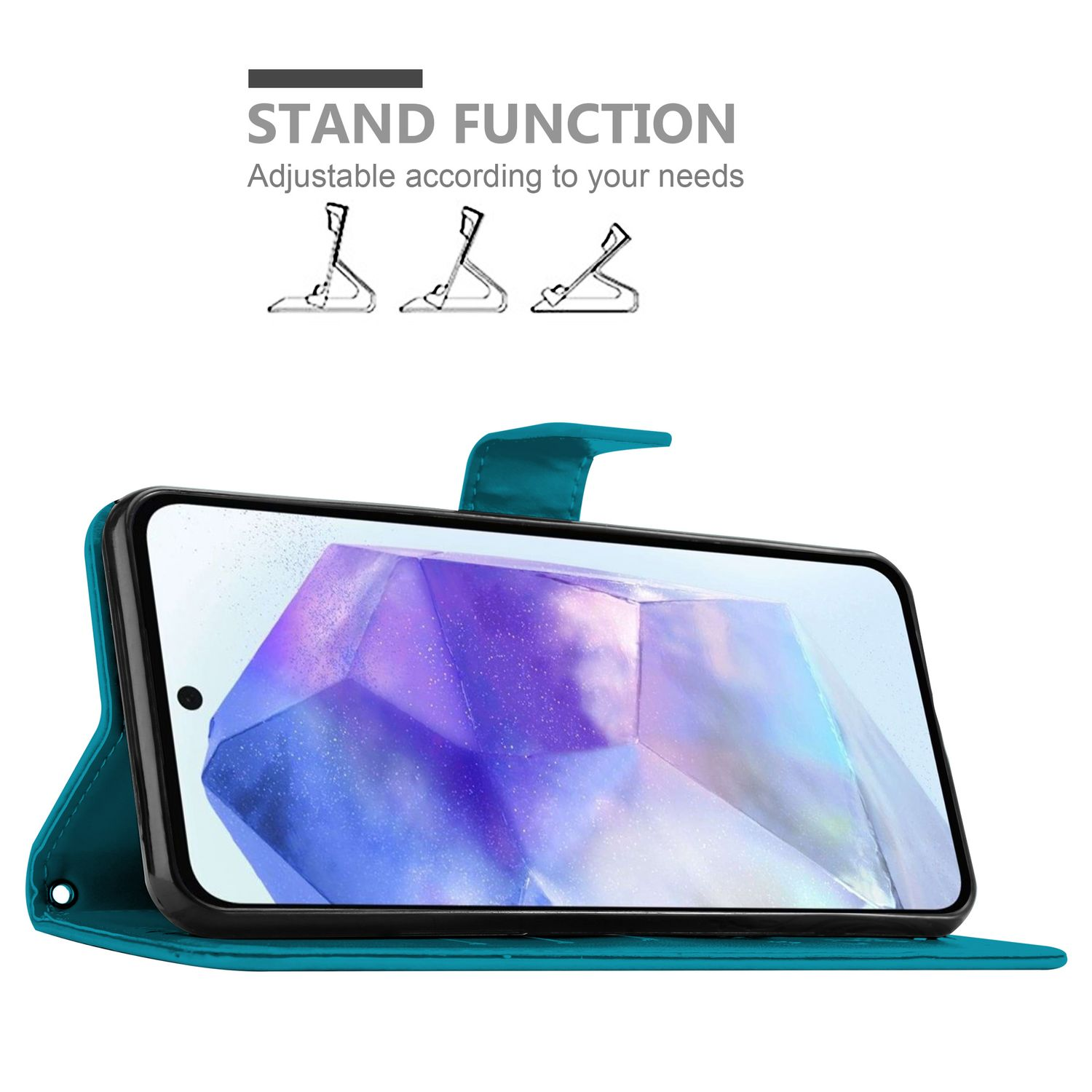 Una custodia blu con un telefono all'interno e una dimostrazione della funzione di supporto, su sfondo bianco.