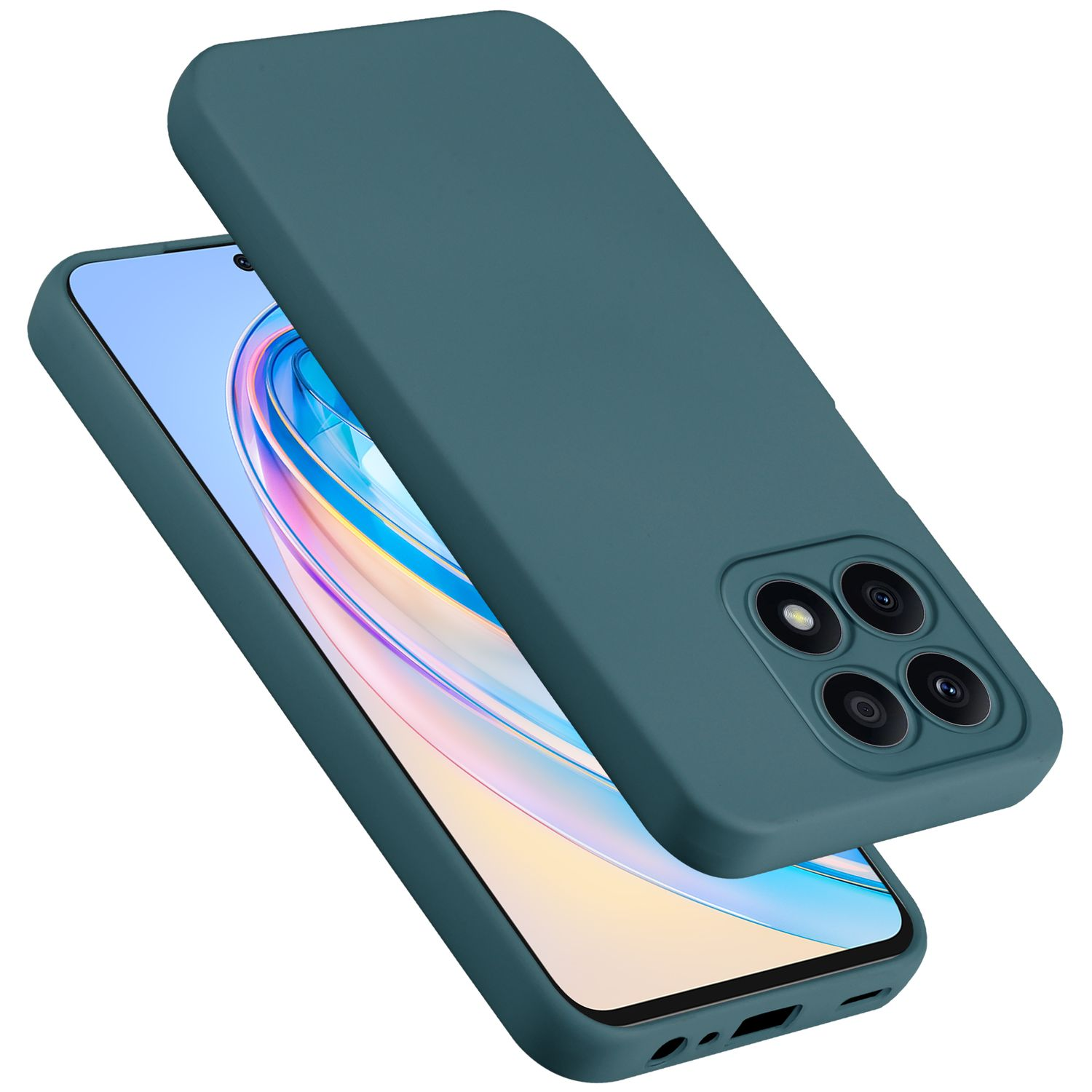 Una custodia verde acqua per telefono con il telefono all'interno. Il telefono ha uno schermo e quattro fotocamere.