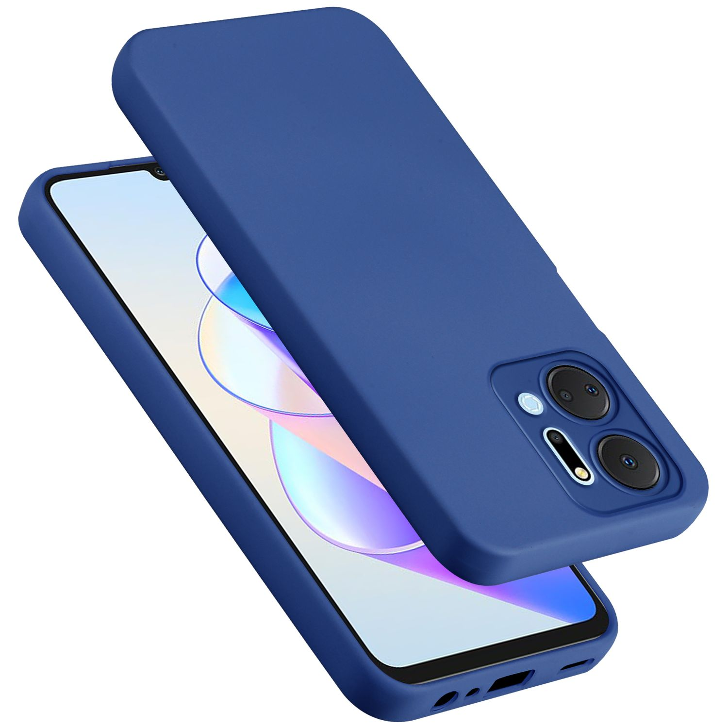 Custodia blu per telefono sopra un telefono. Sfondo bianco.