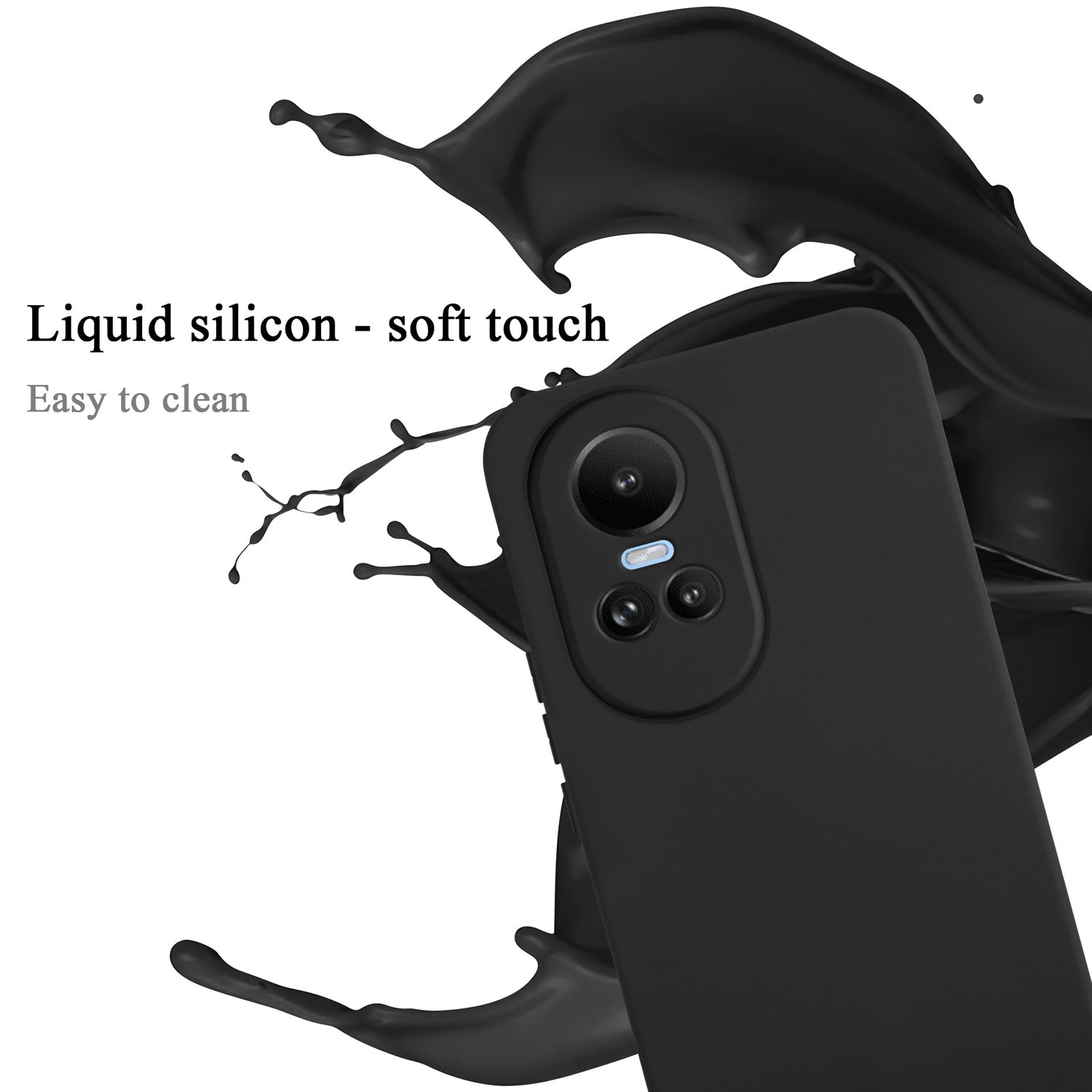 Custodia nera per telefono con schizzo di liquido nero, che mostra la fotocamera.