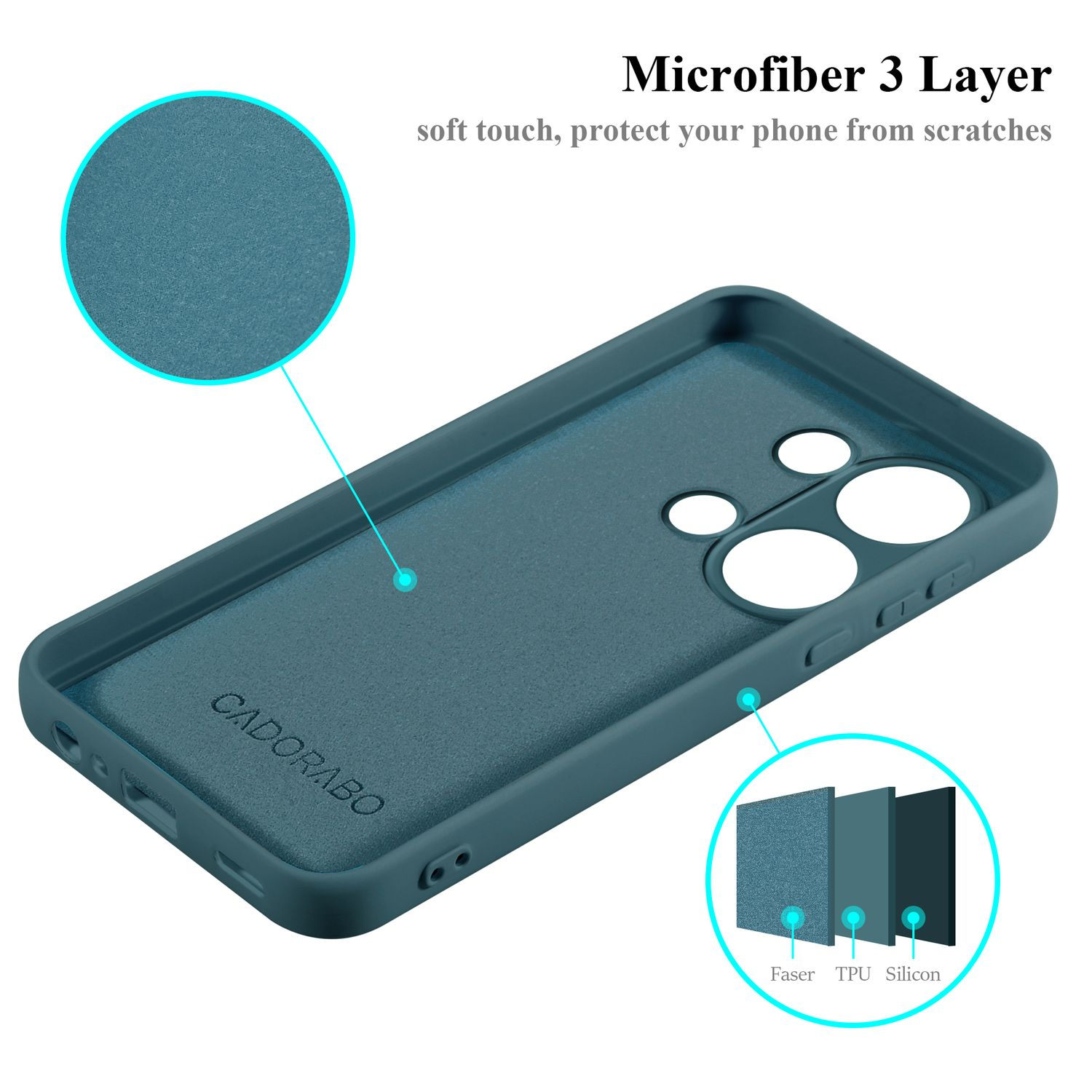 Custodia per telefono verde acqua con design a 3 strati in microfibra ed etichetta CADORABO.