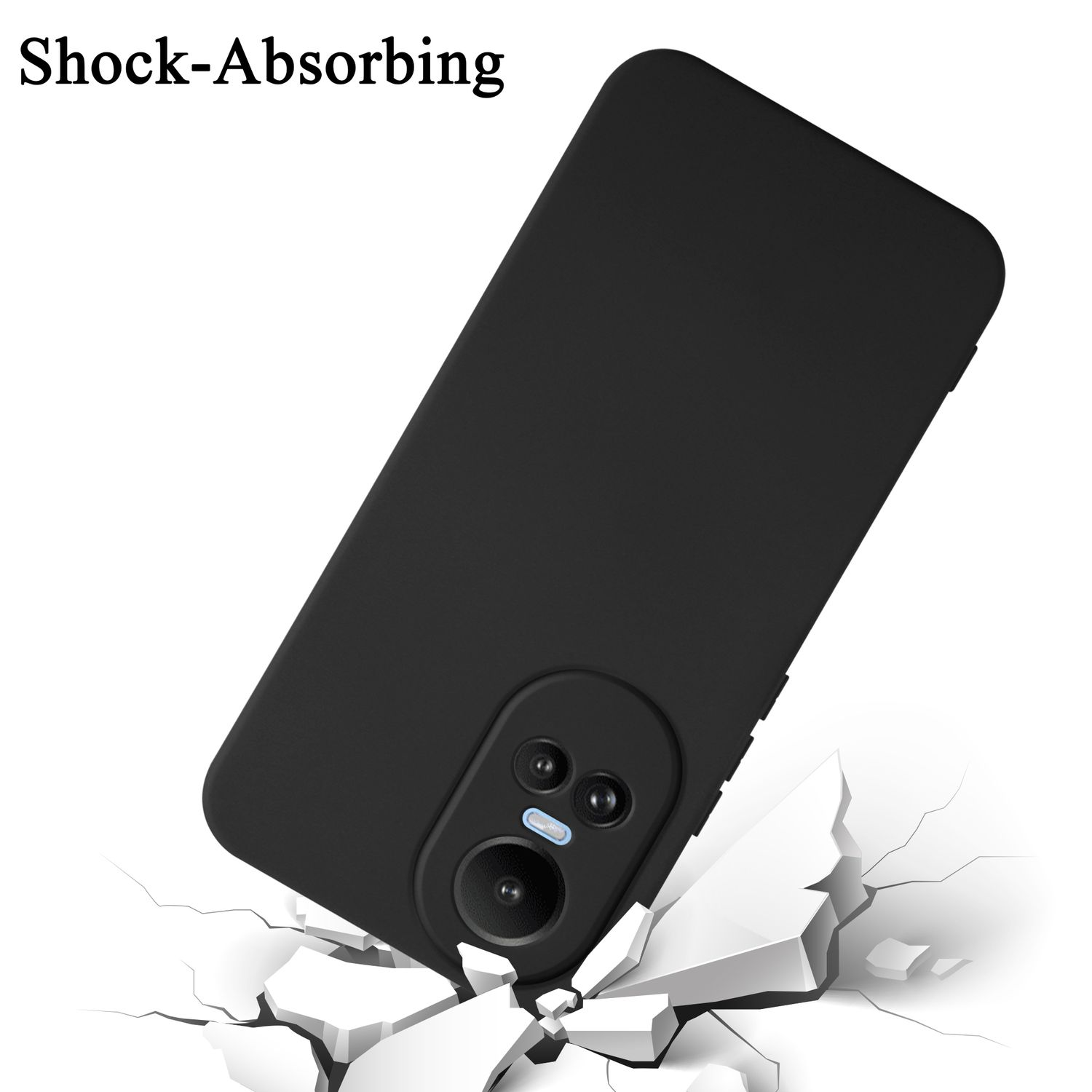 Custodia nera per telefono su una superficie bianca rotta, con il testo 'Shock-Absorbing' in alto.