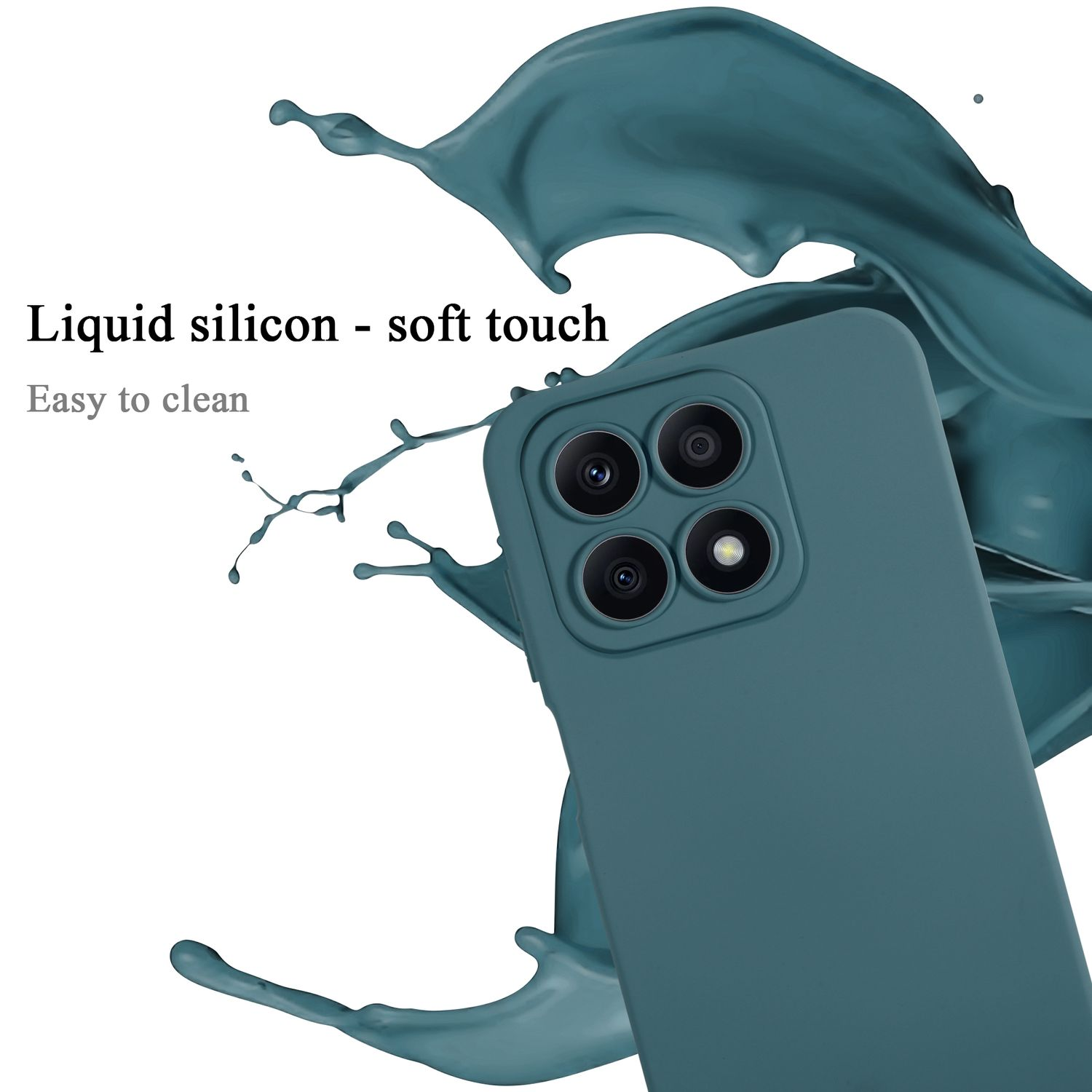 Una custodia per telefono color verde acqua con quattro obiettivi e uno schizzo verde acqua.