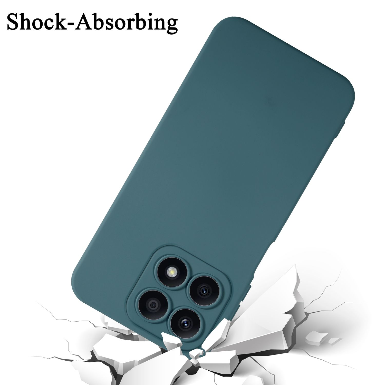 Una custodia teal per telefono con una superficie incrinata, che illustra l'assorbimento degli urti.