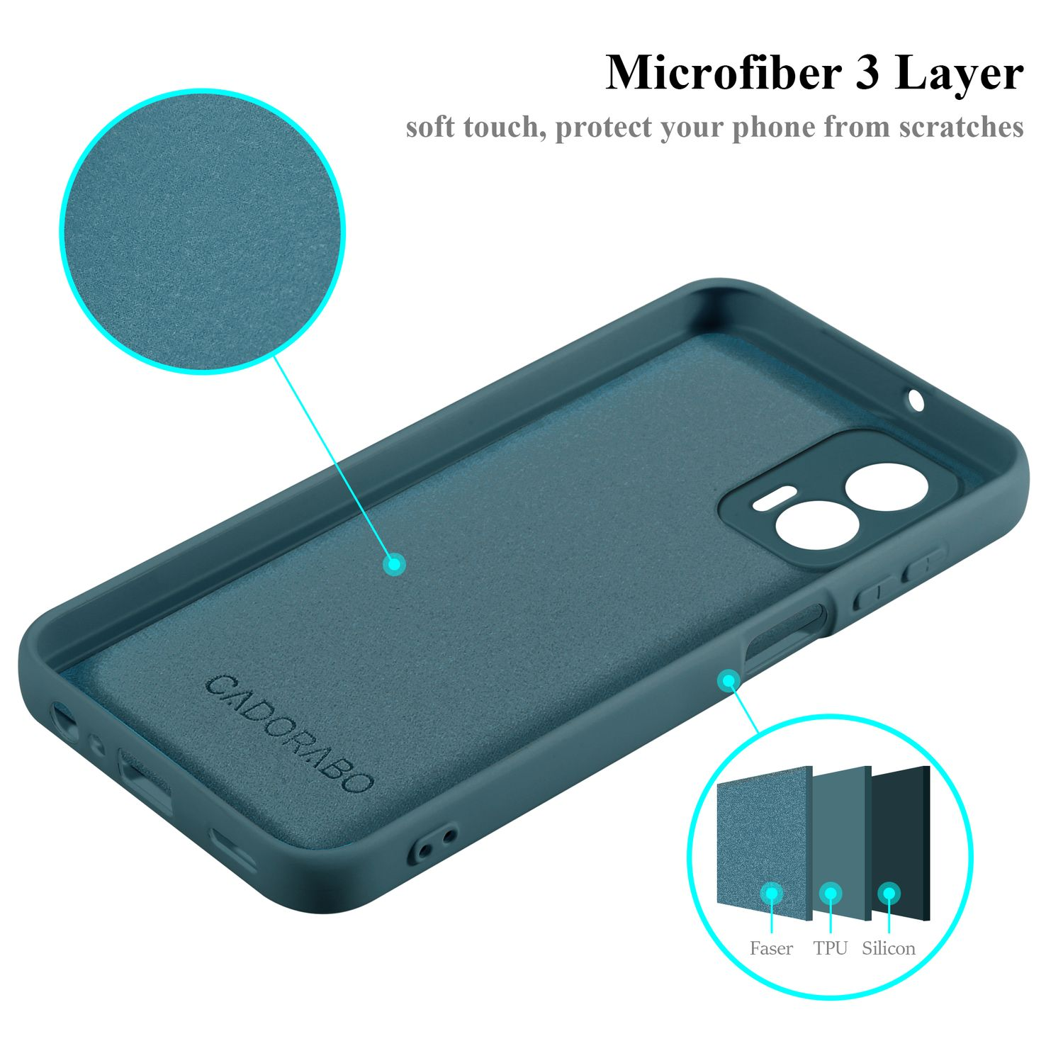 Una custodia per telefono color verde acqua con una superficie strutturata. Ha una caratteristica circolare in alto e il logo Cadorabo.