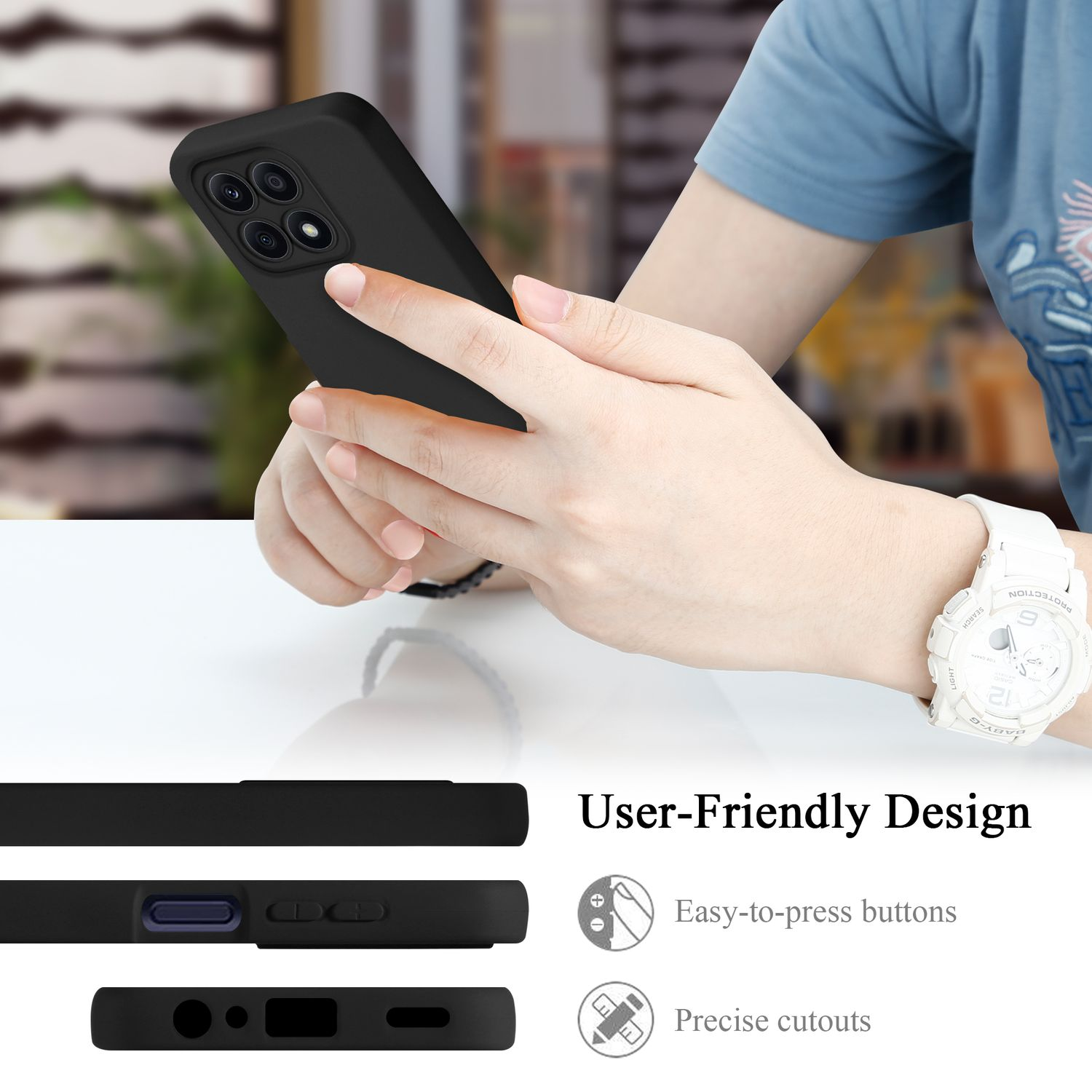 Custodia nera per telefono in mano, con elementi di design e dettagli dei pulsanti.