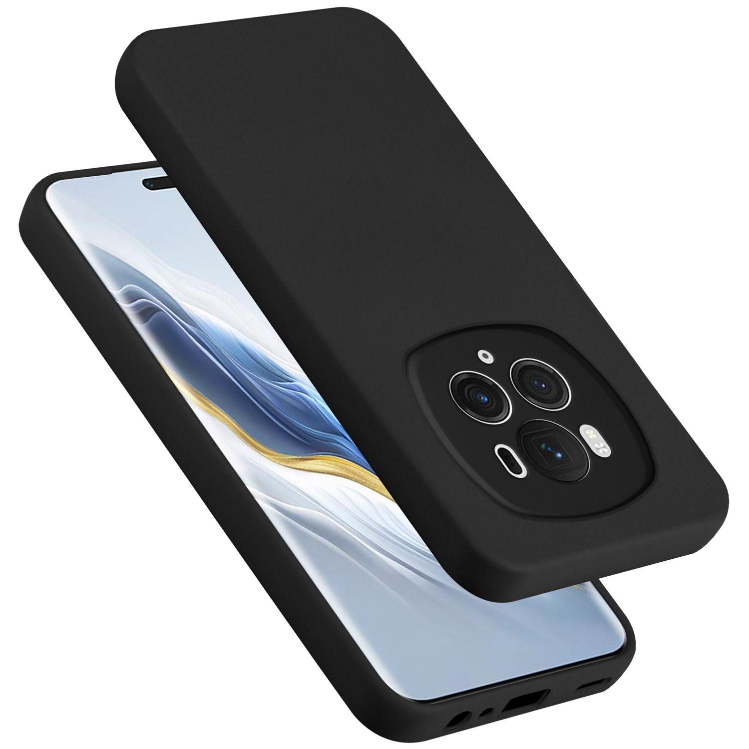 Custodia nera per telefono, è visibile lo schermo del telefono. La custodia è sopra il telefono.