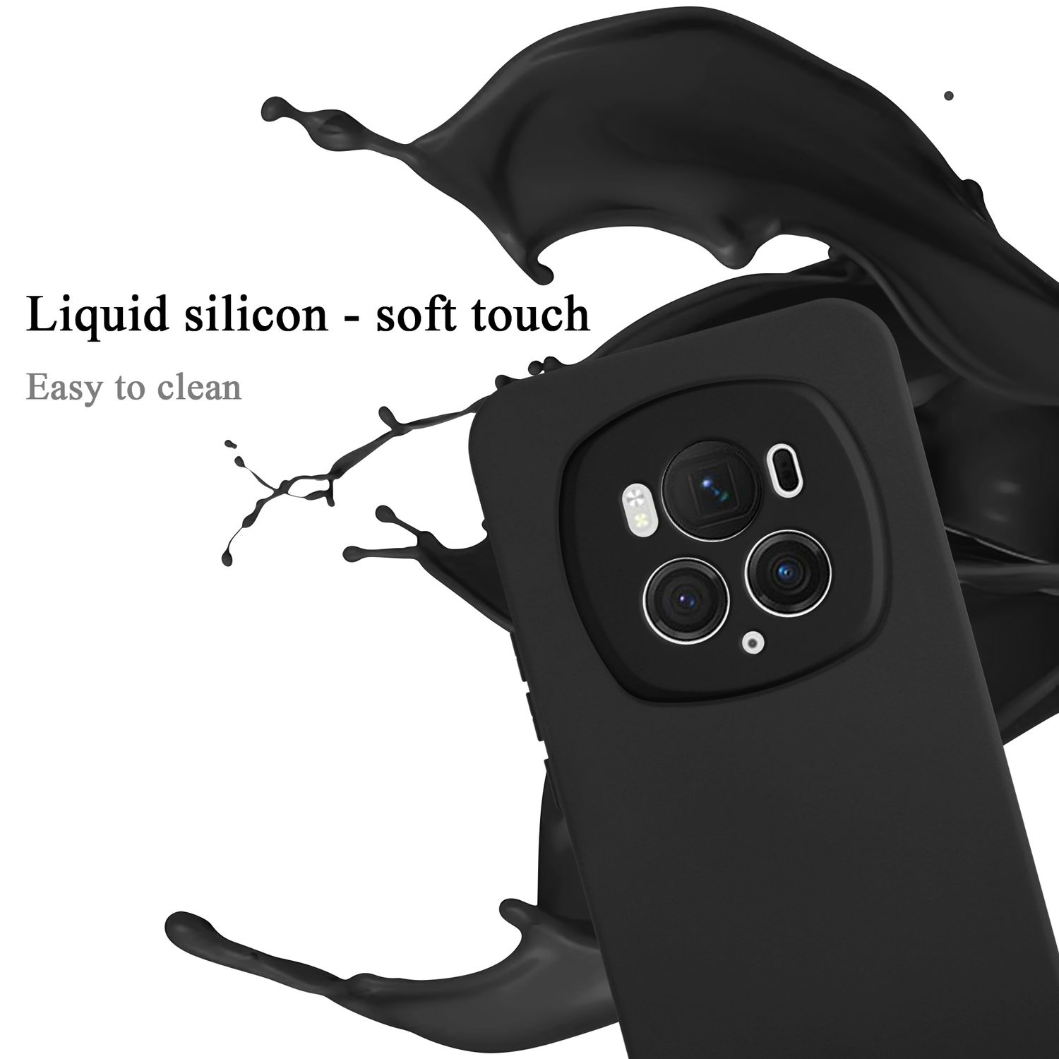 Una custodia per telefono nera con uno schizzo di liquido nero e il testo 'Silicone liquido - tocco morbido'.