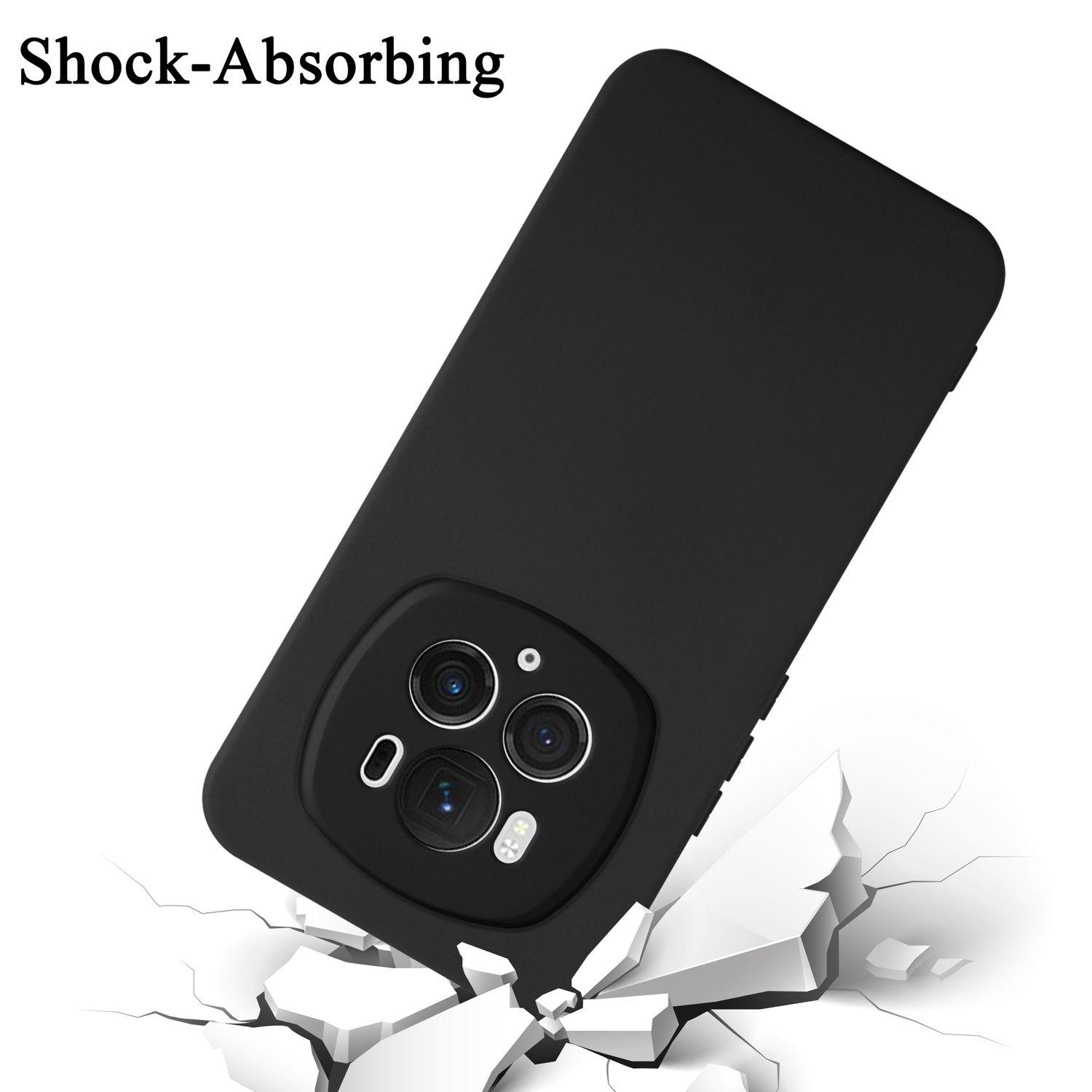 Custodia nera per telefono su piastrelle bianche rotte. La custodia ha tre ritagli per la fotocamera. Il testo "Shock-Absorbing" è visibile.