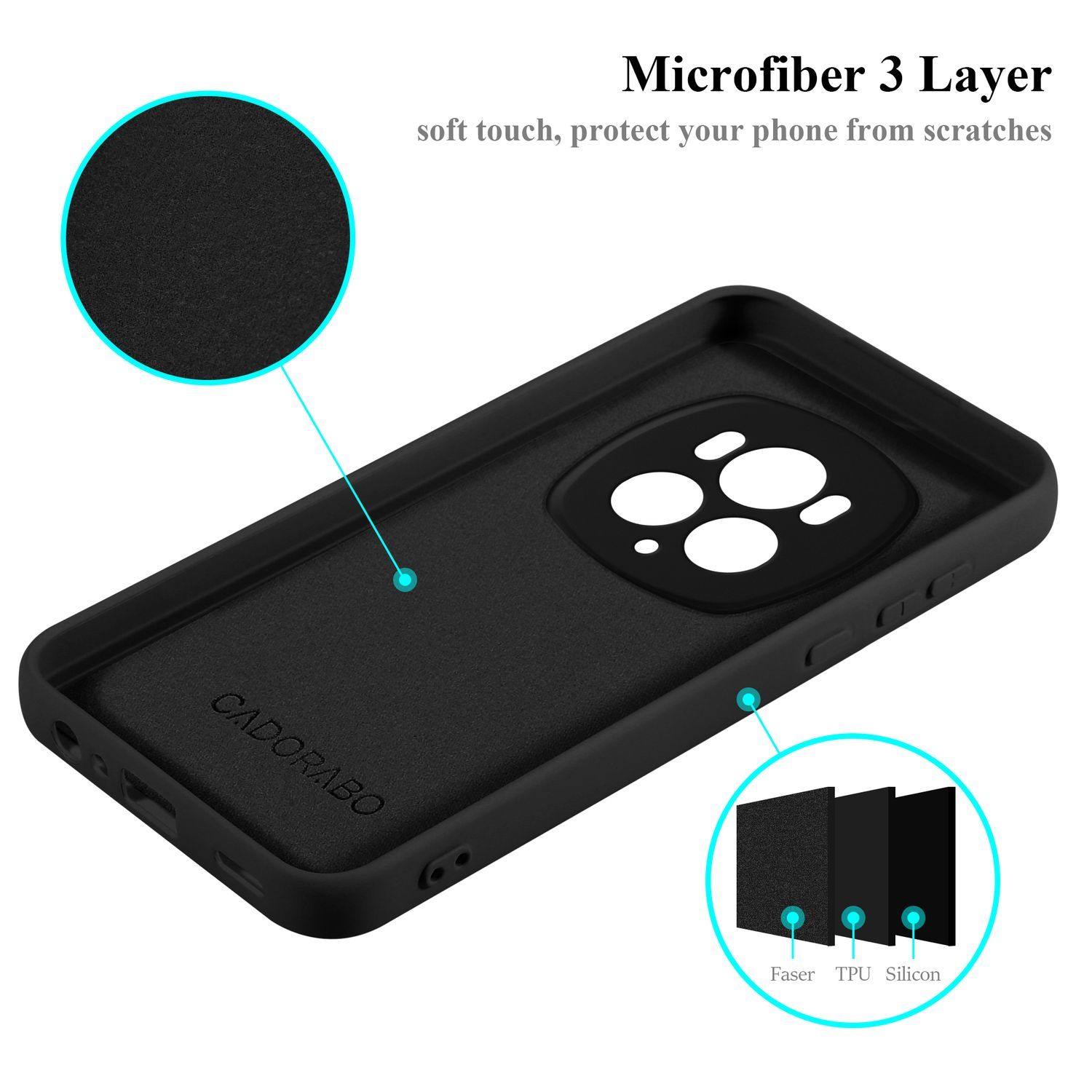Custodia nera per telefono che mostra l'interno e gli strati. Testo: "MICROFIBER 3 LAYER" e "CADORABO".