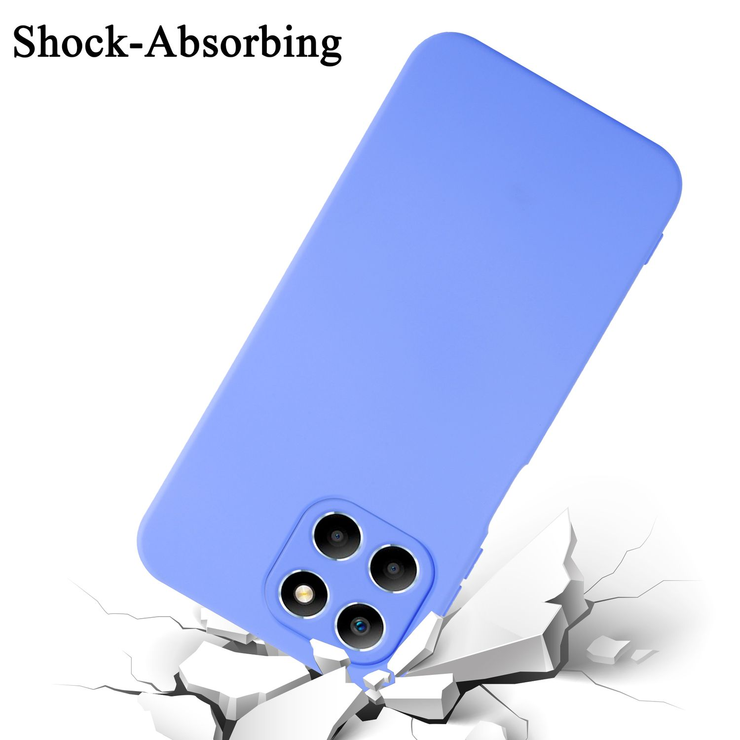 Eine blaue Handyhülle bricht den Boden. Die Handyhülle ist blau, mit Kamera.