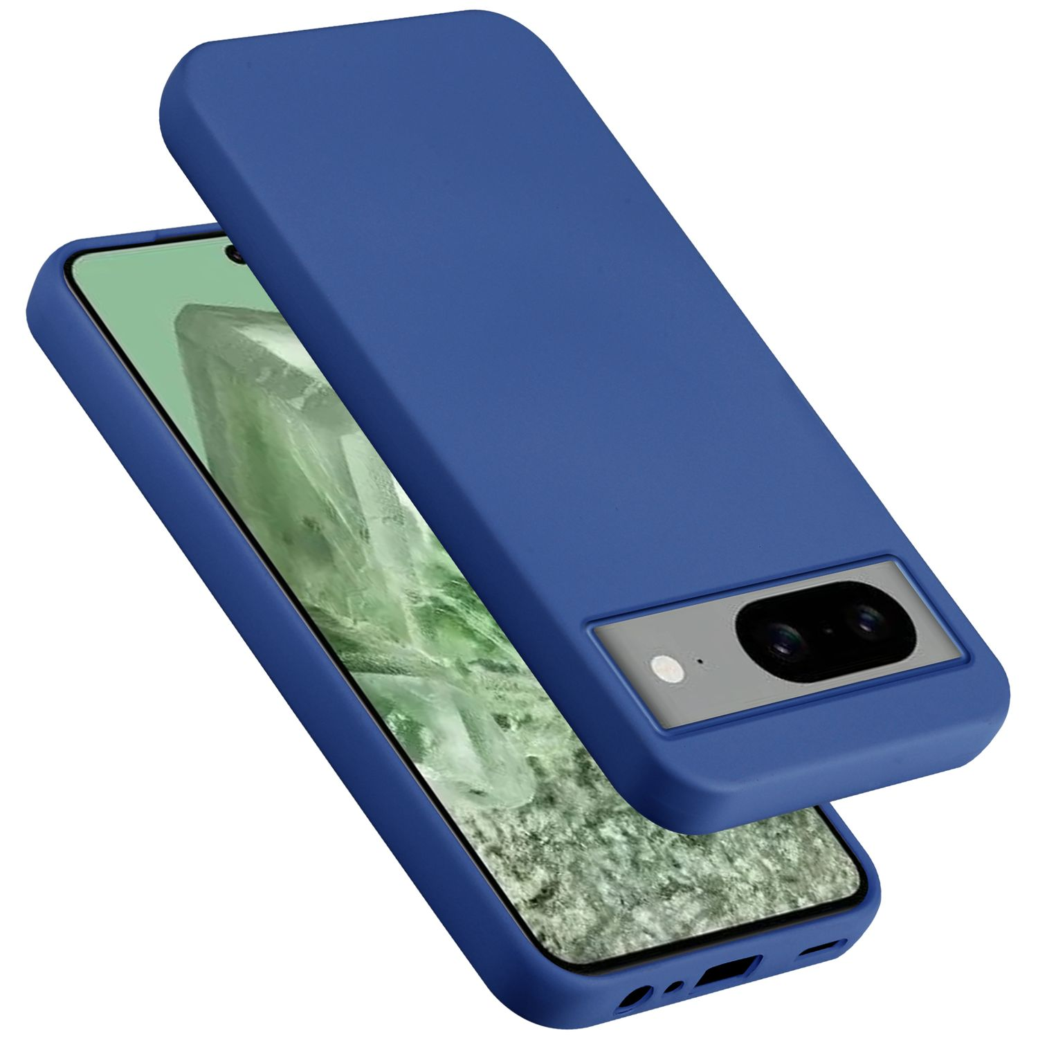 Custodia blu con telefono. La custodia ha un ritaglio per la fotocamera. Sfondo bianco.
