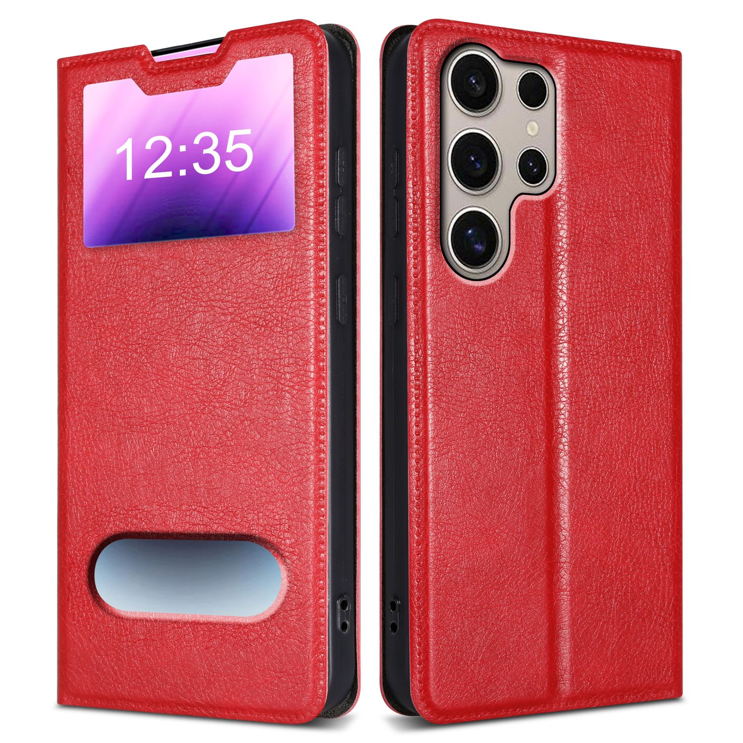 Custodia per telefono rossa con finestra che mostra l'ora. Sfondo bianco.