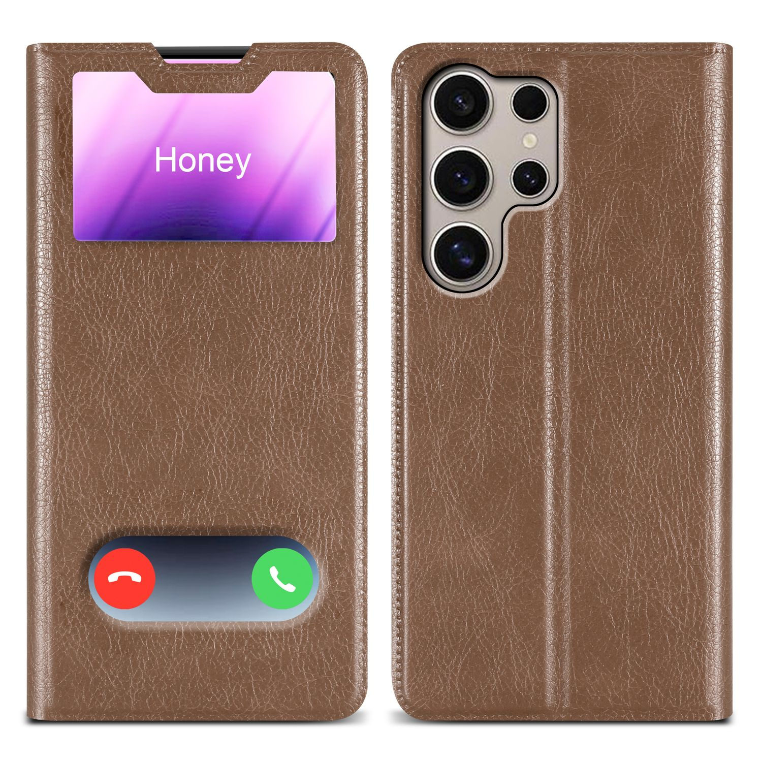 Custodia per telefono in pelle marrone. Aperta, mostra una carta con il nome "Honey" e pulsanti di chiamata.