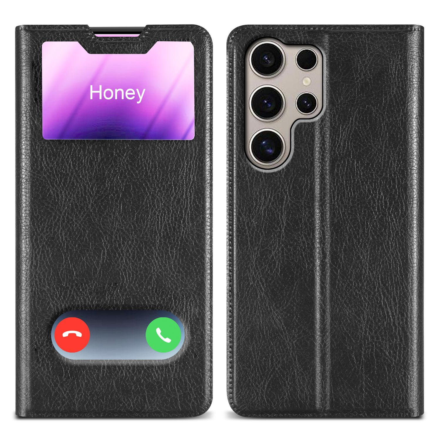 Custodia nera per telefono con finestra che mostra 'Honey' e un pulsante di chiamata. Retro del telefono visibile.