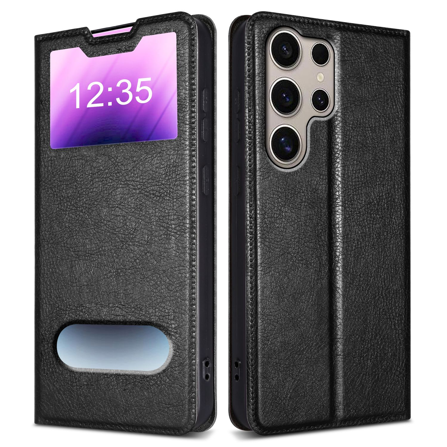 Custodia nera per telefono, chiusa e aperta. Mostra l'ora sullo schermo del telefono attraverso la cover.