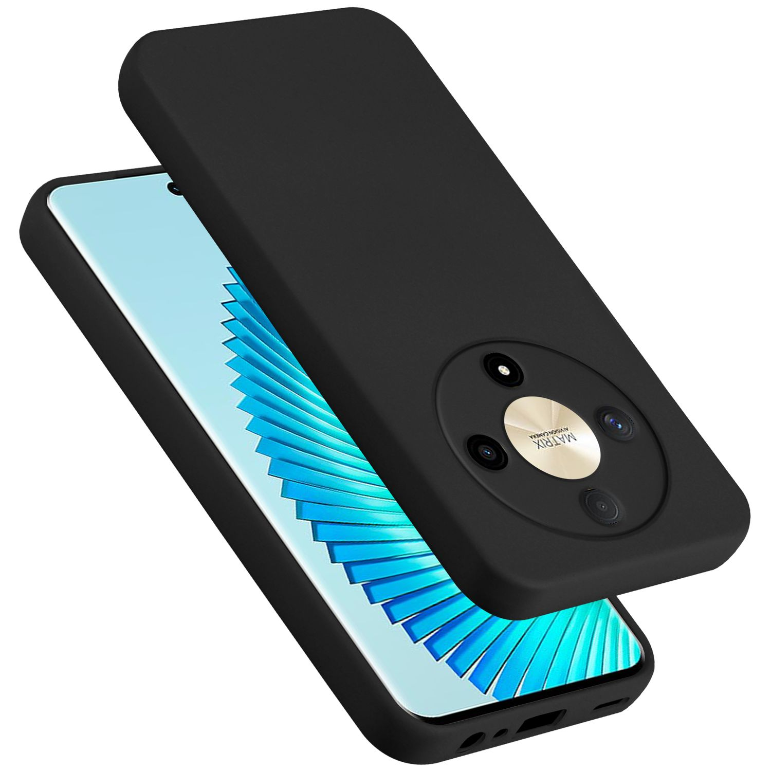 Custodia nera per telefono con telefono. Il telefono ha una custodia nera con design della fotocamera.