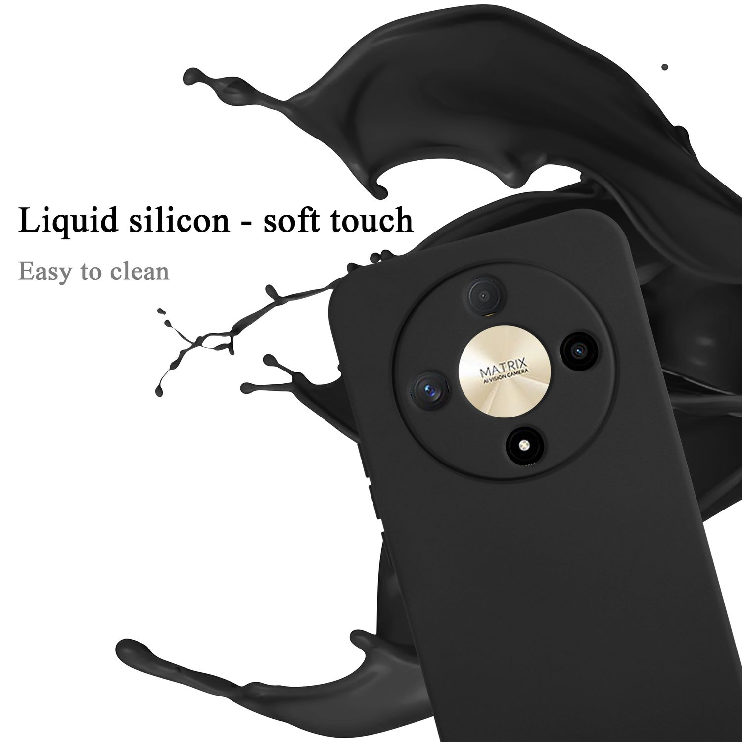 Una custodia nera per telefono con tripla fotocamera e schizzo di vernice nera.
