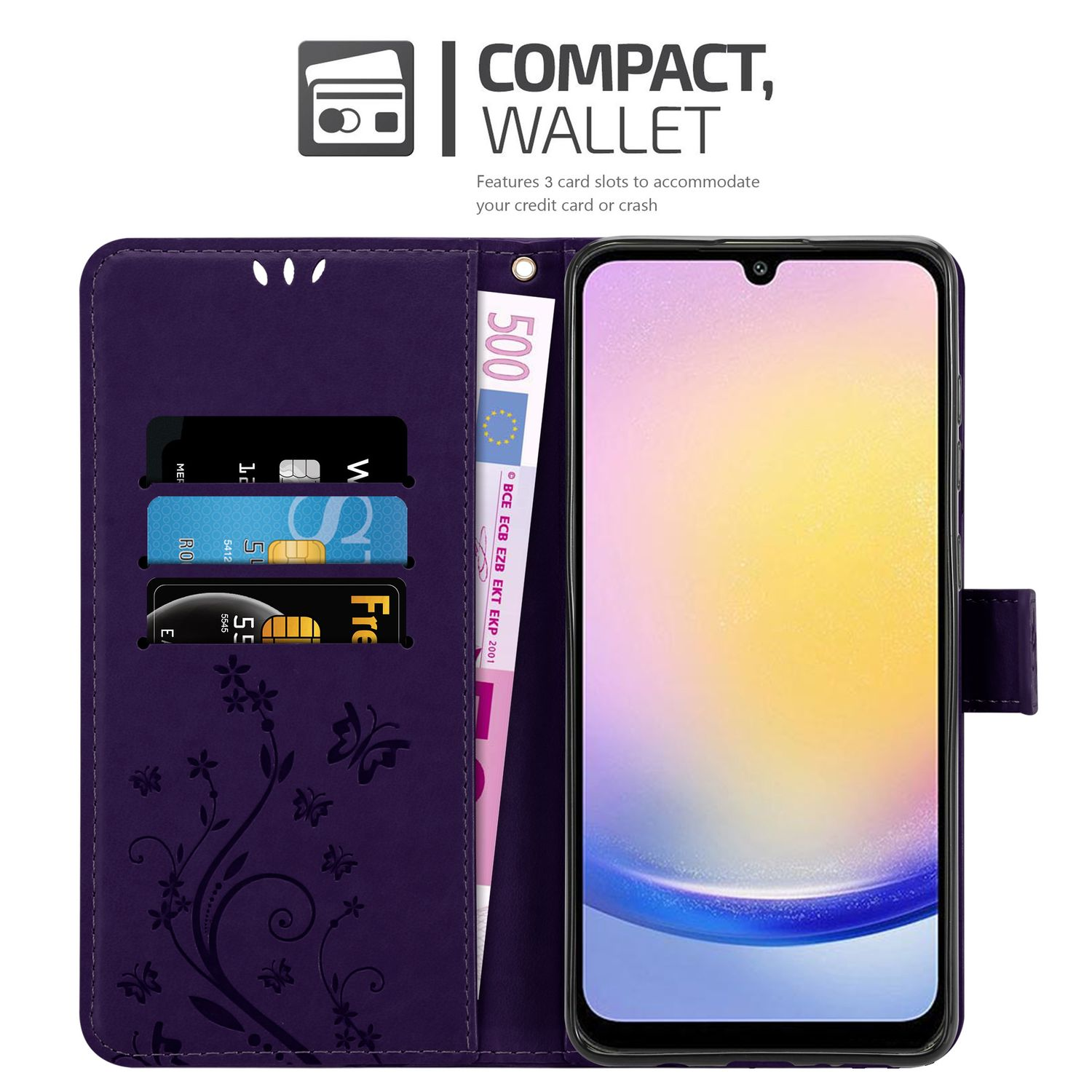 Custodia a portafoglio viola con carte e denaro. Telefono nel portafoglio. Fiori e farfalle.