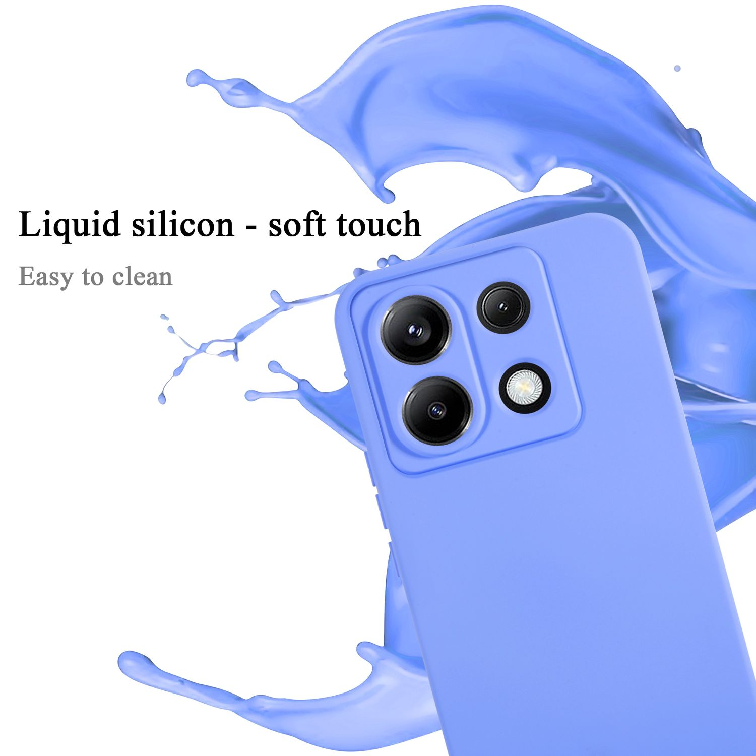 Una custodia per telefono lilla chiaro con tre obiettivi della fotocamera, un'esplosione blu e uno sfondo bianco.