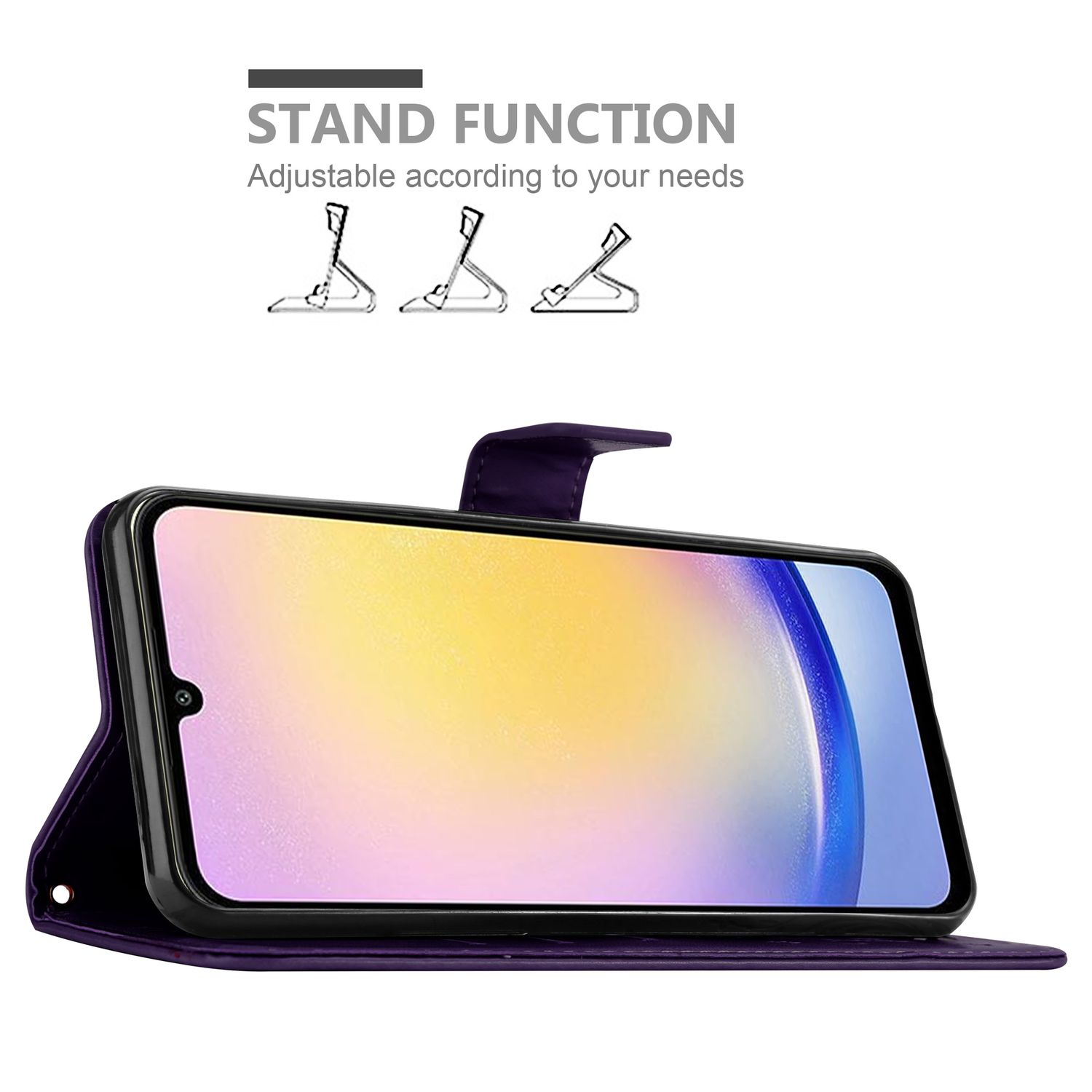 Custodia viola con telefono, aperta. Testo e diagrammi della funzione supporto in alto.
