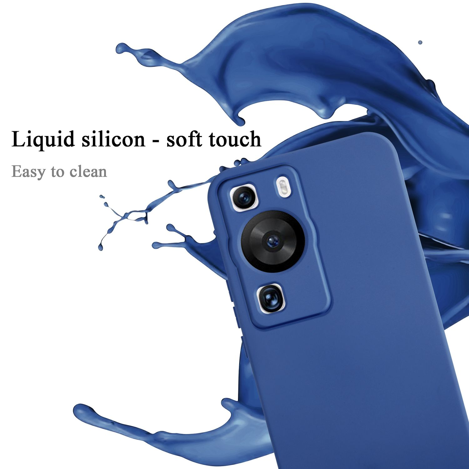 Una custodia blu per telefono con un telefono all'interno, con spruzzi di vernice blu.