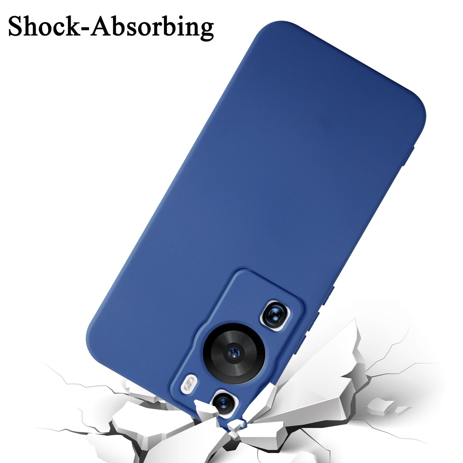 Una custodia blu per telefono con fotocamera e le parole 'Assorbimento degli urti' su una superficie incrinata.