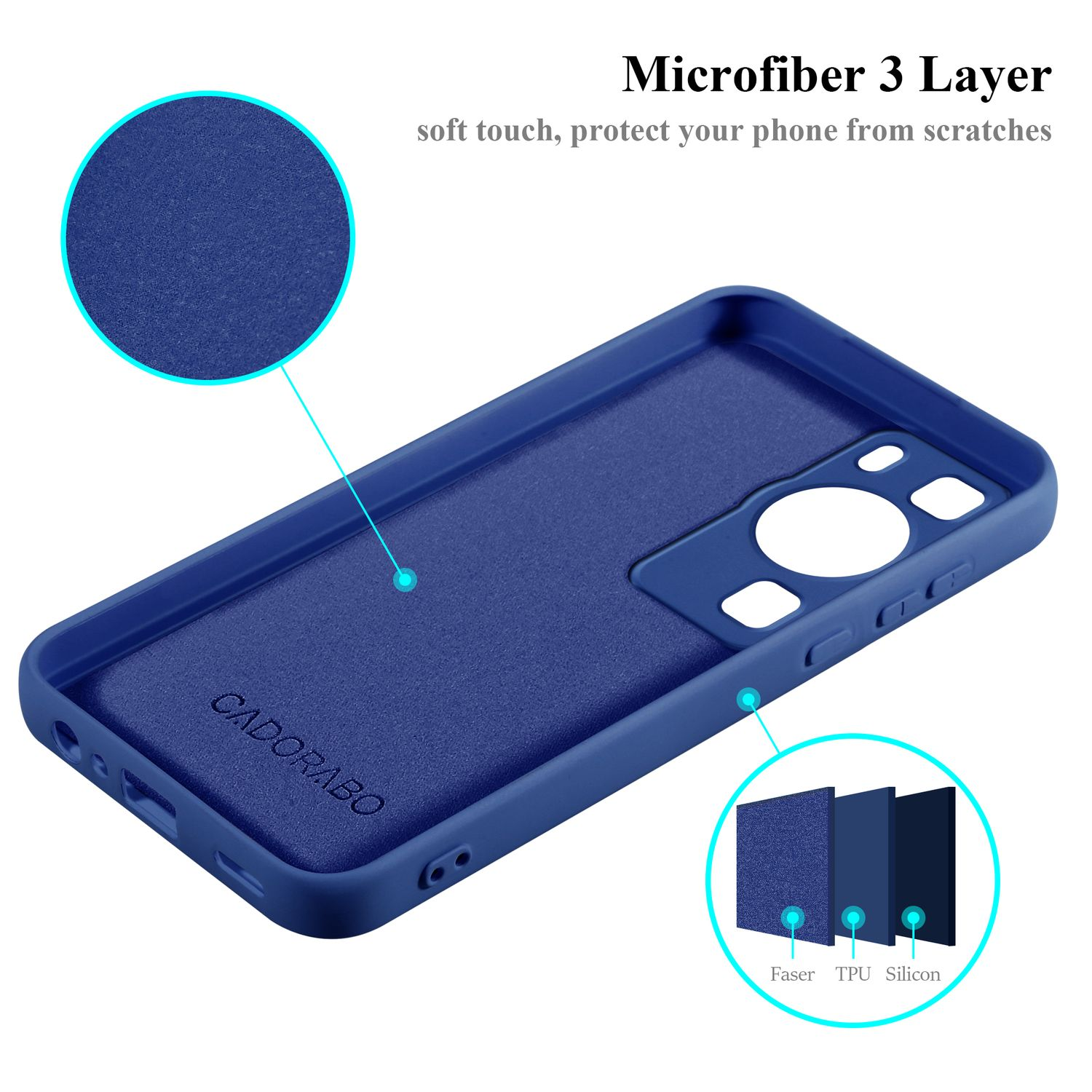 Custodia blu per telefono con fori per fotocamera e pulsanti. Indica microfibra.