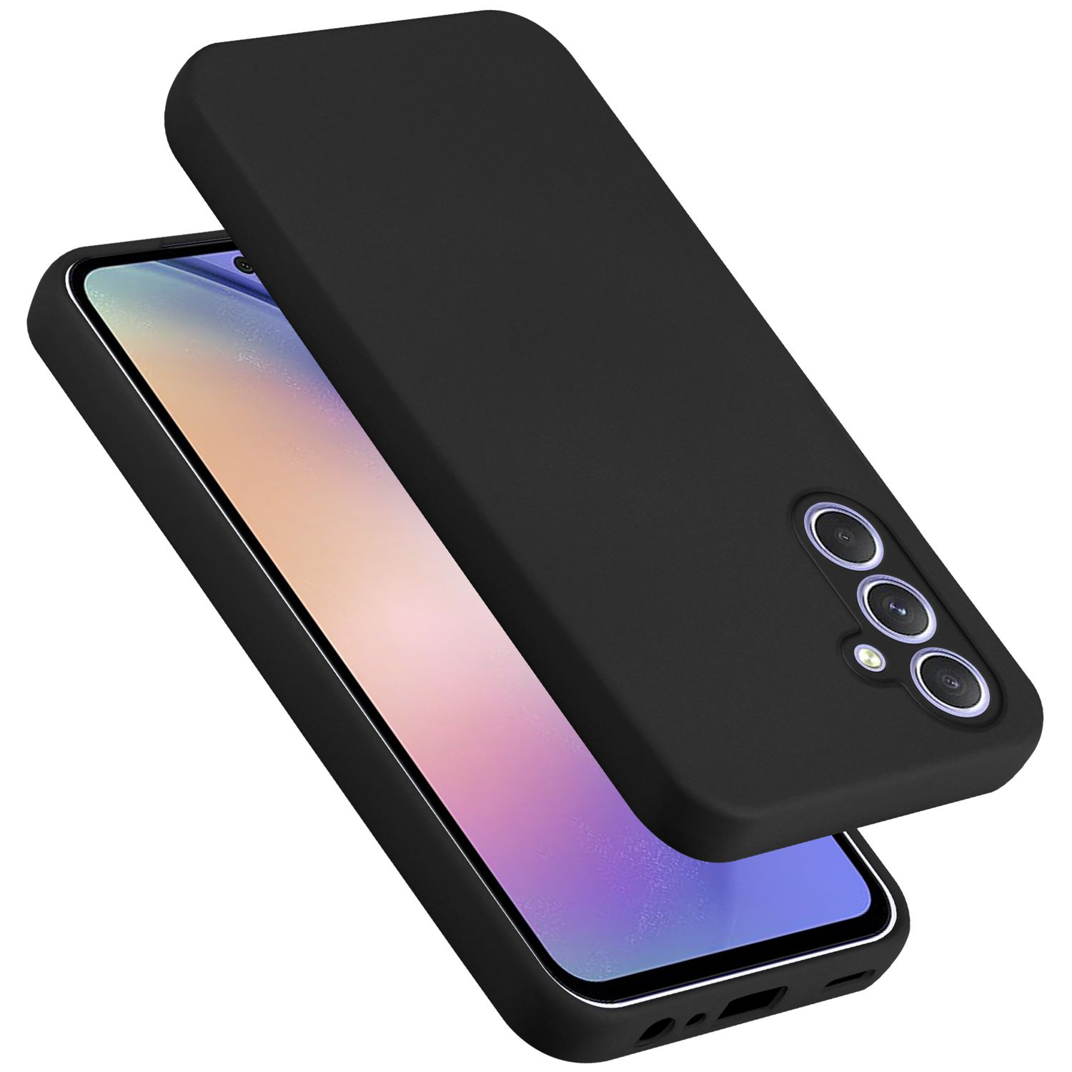 Eine schwarze Handyhülle mit dem Telefon darin. Das Telefon hat einen Bildschirm und drei Kameras.