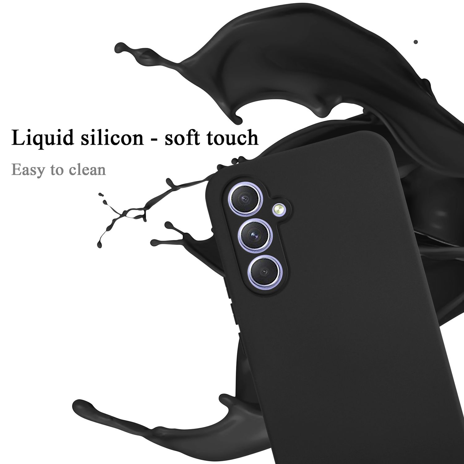 Eine schwarze Handyhülle mit einem schwarzen Flüssigkeitsspritzer. Text weist auf Soft-Touch hin.