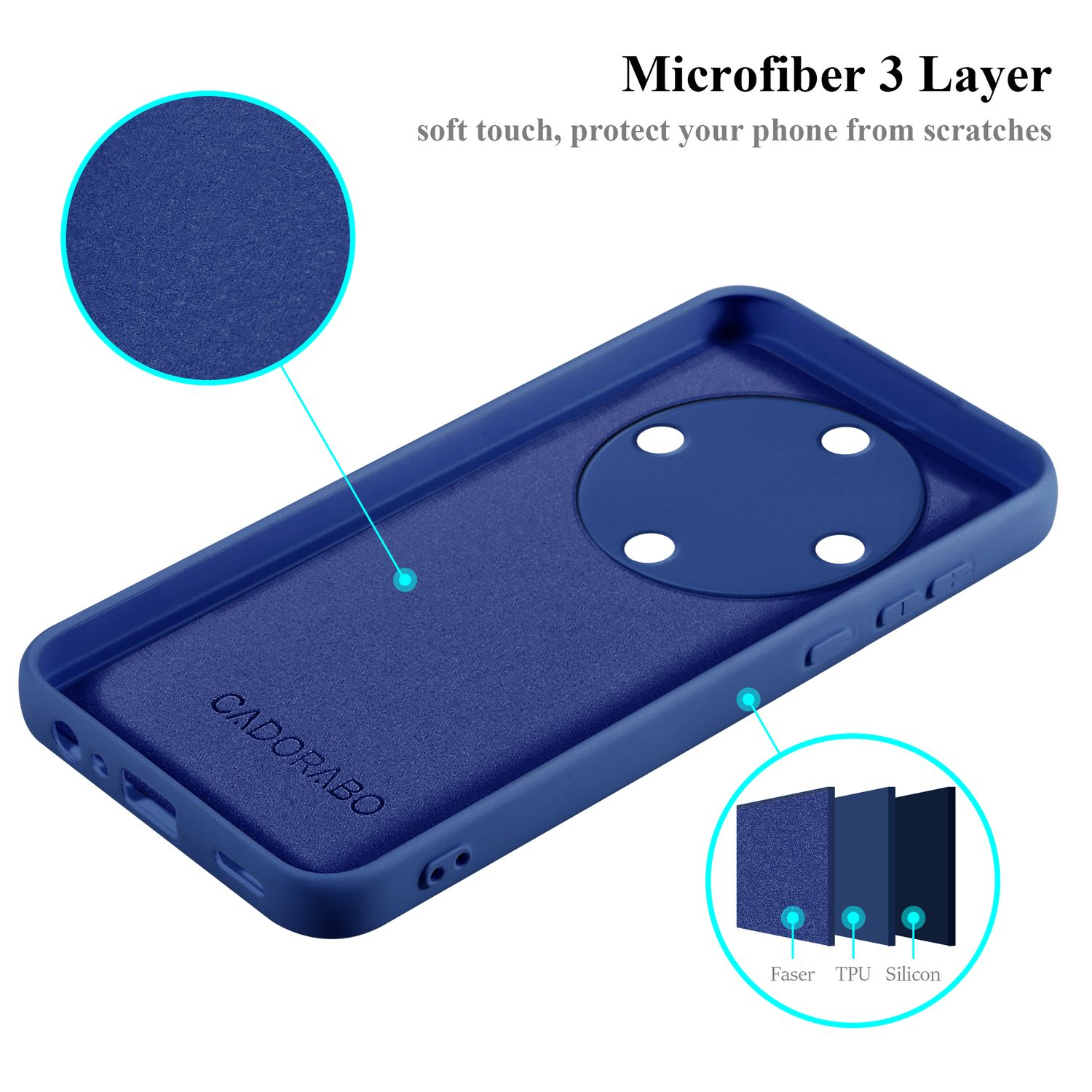 Una custodia per telefono blu con un interno blu. Lo sfondo è bianco.